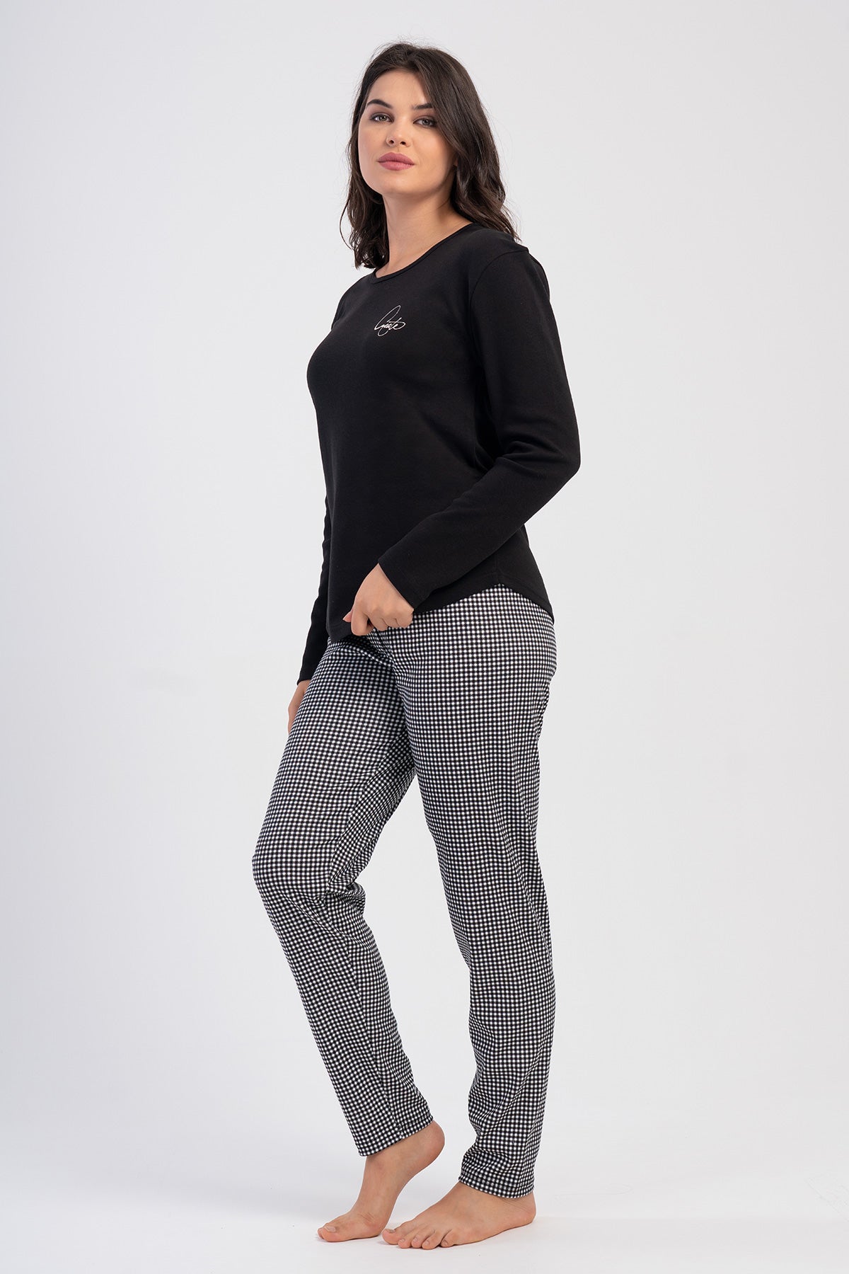 KADIN INTERLOK O YAKA UZUN KOL ETEGI OVAL PIJAMA TAKIM - SIYAH