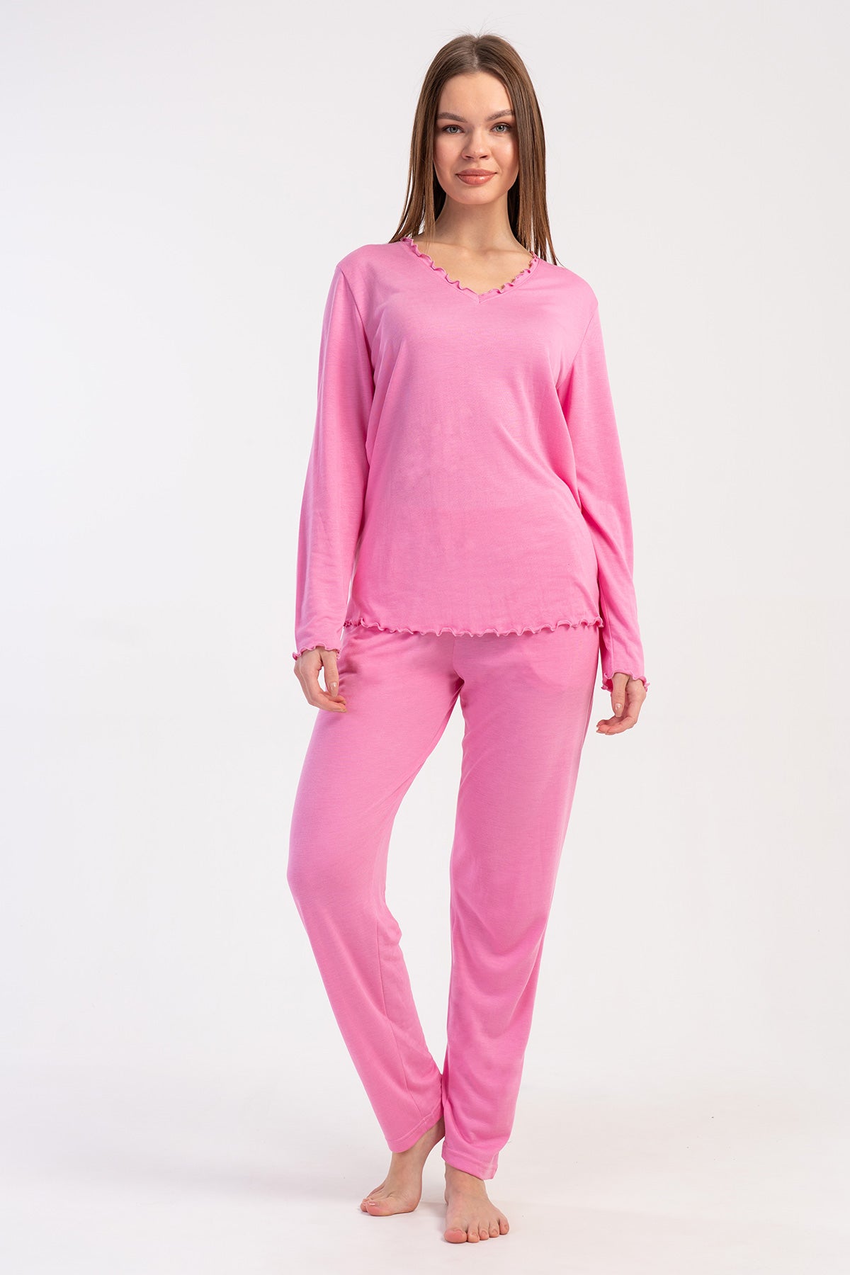 KADIN VISKON UZUN KOL UZUN PACA YAKA VE KOL UCU BIBILALI CEPLI PIJAMA TAKIM - PEMBE