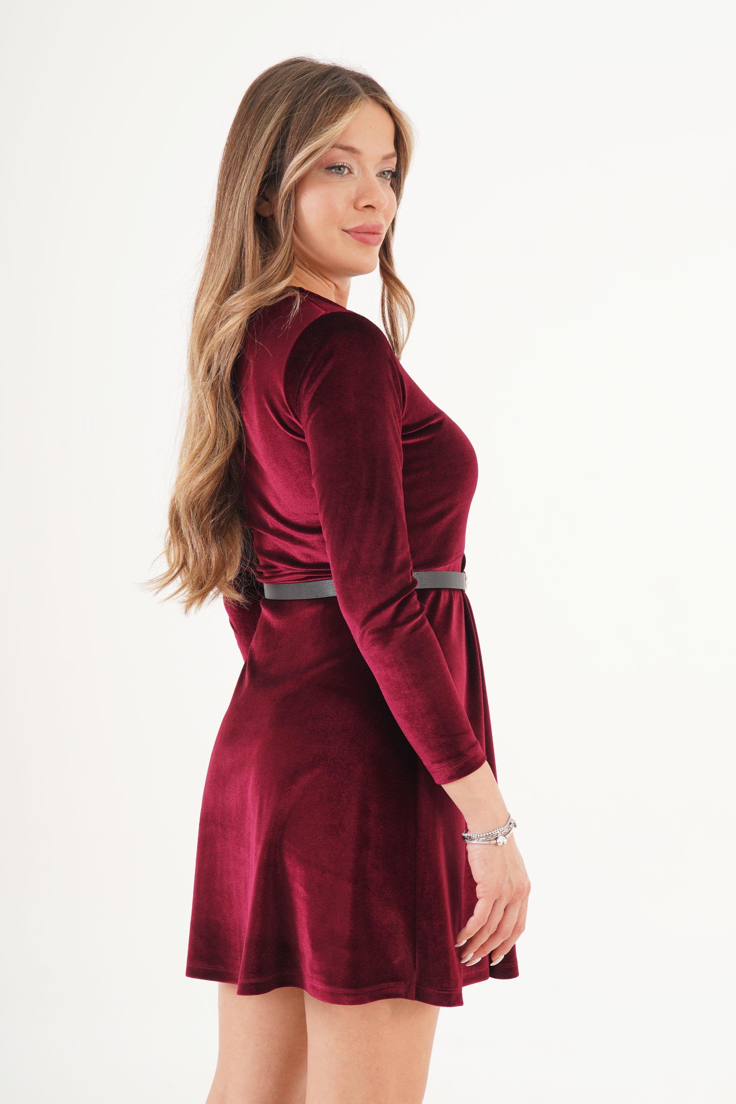 Kemerli Kloşlu Kadife Bordo Toptan Elbise