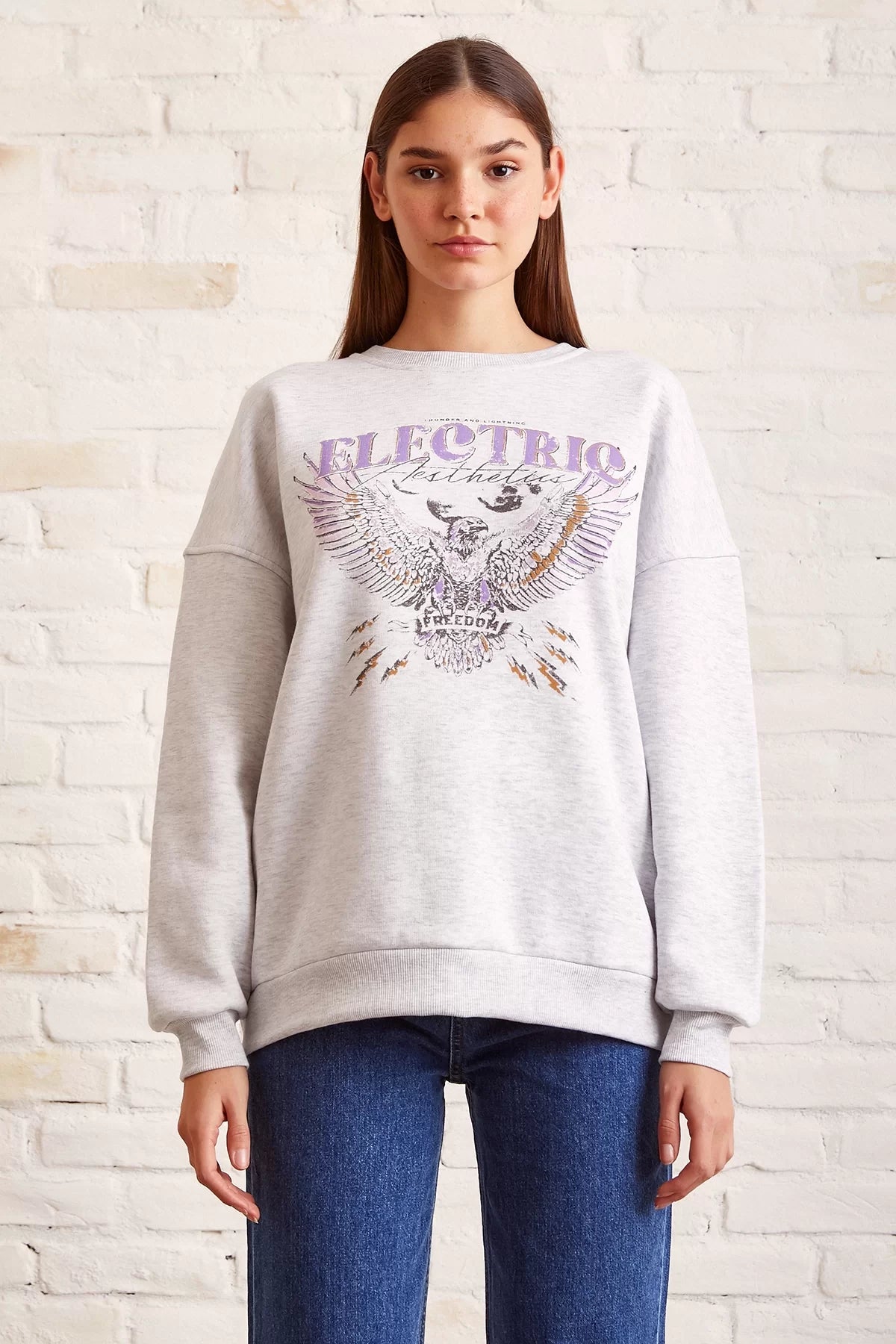 Bisiklet Yaka Baskılı Sweatshirt - Kar Melanj