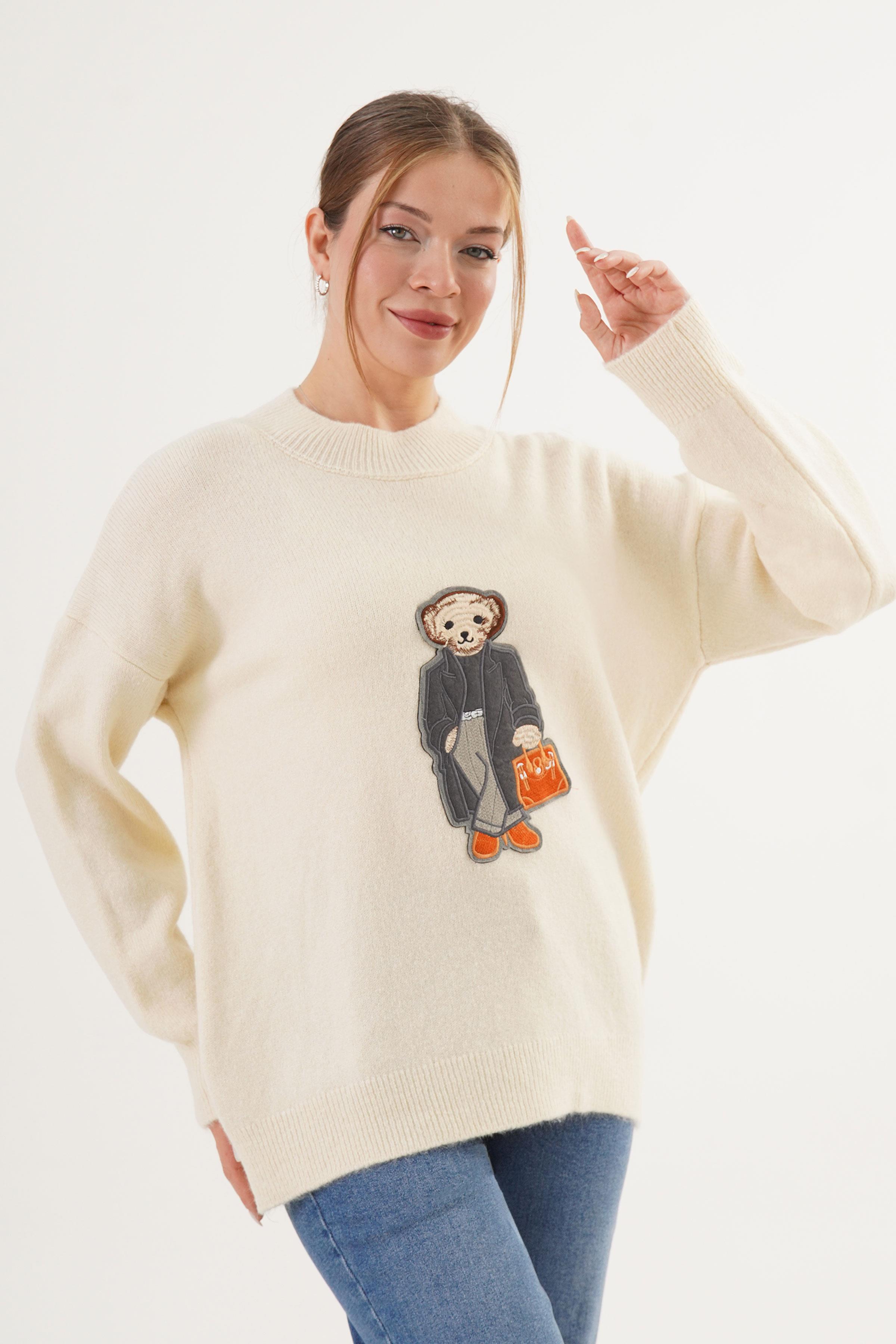 Ayıcık Nakışlı Bisiklet Yaka Toptan Krem Triko Kazak