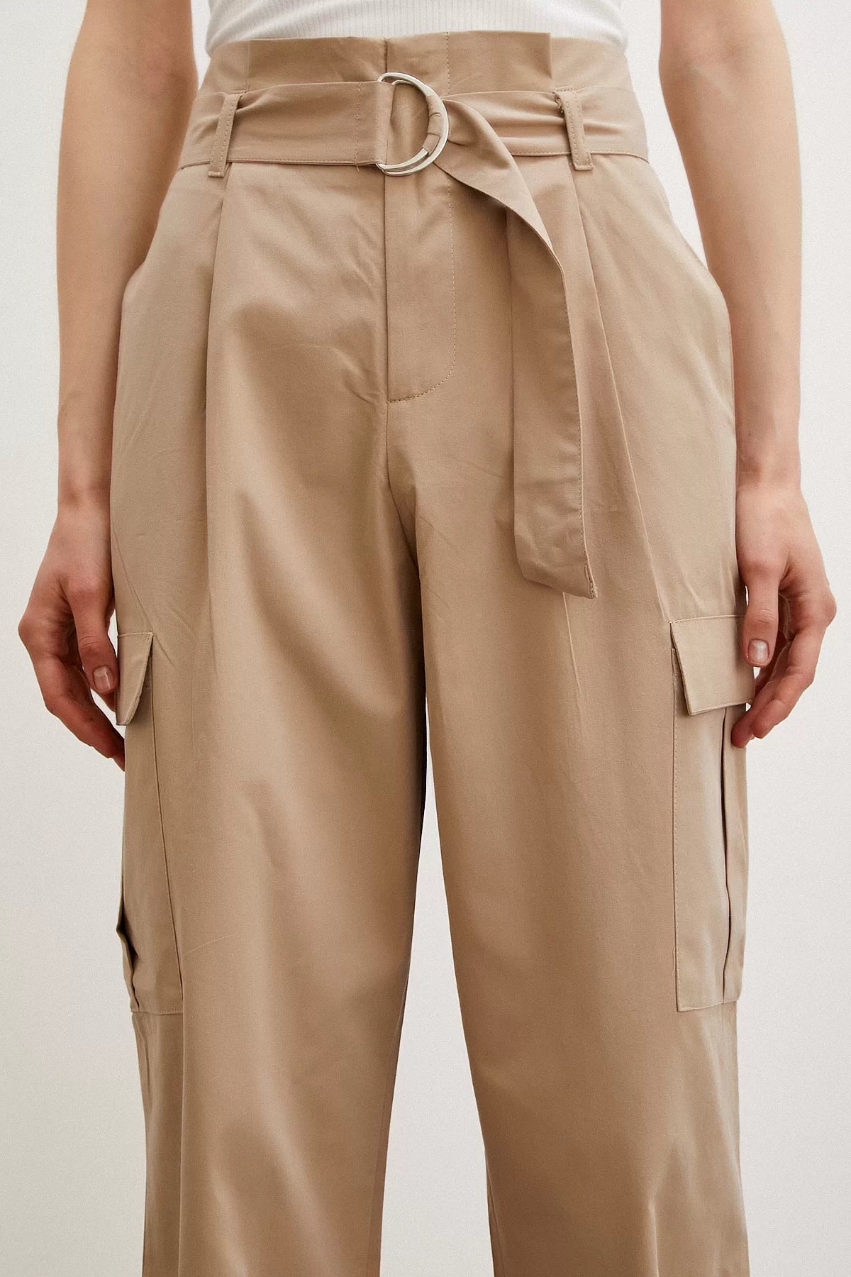 Bel Pileli Kargo Cep Pantolon - Bej