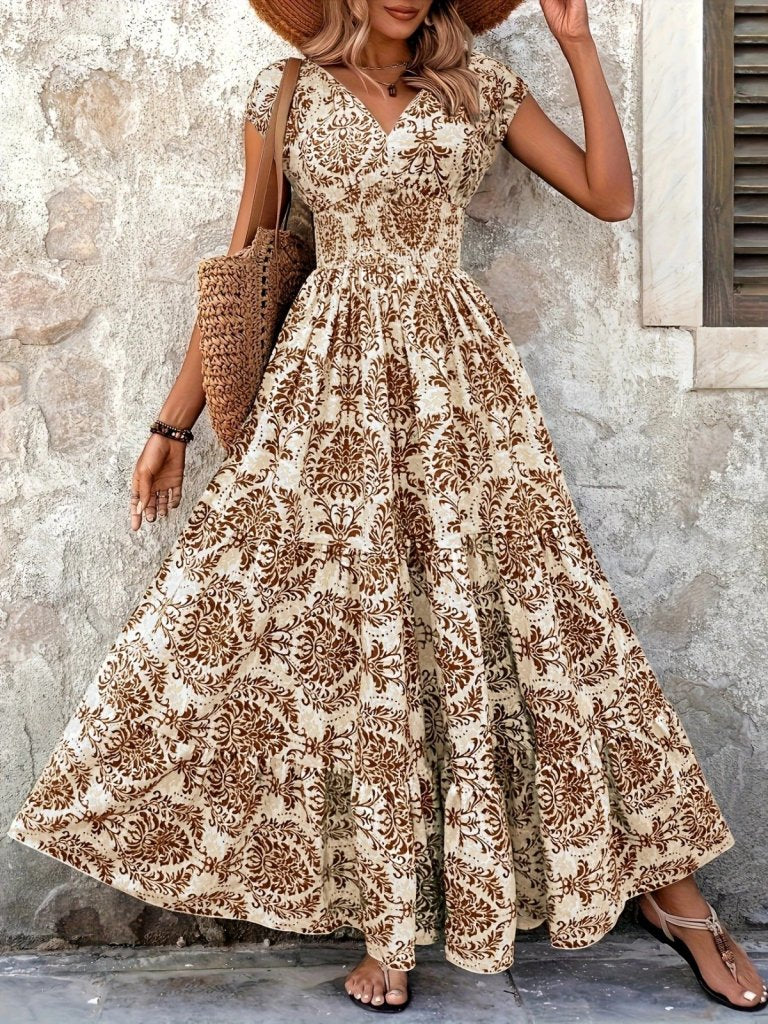Kadın Kısa Kollu Kruvaze Yaka Beli Lastikli Süprem Maksi Boy Elbise, 37125