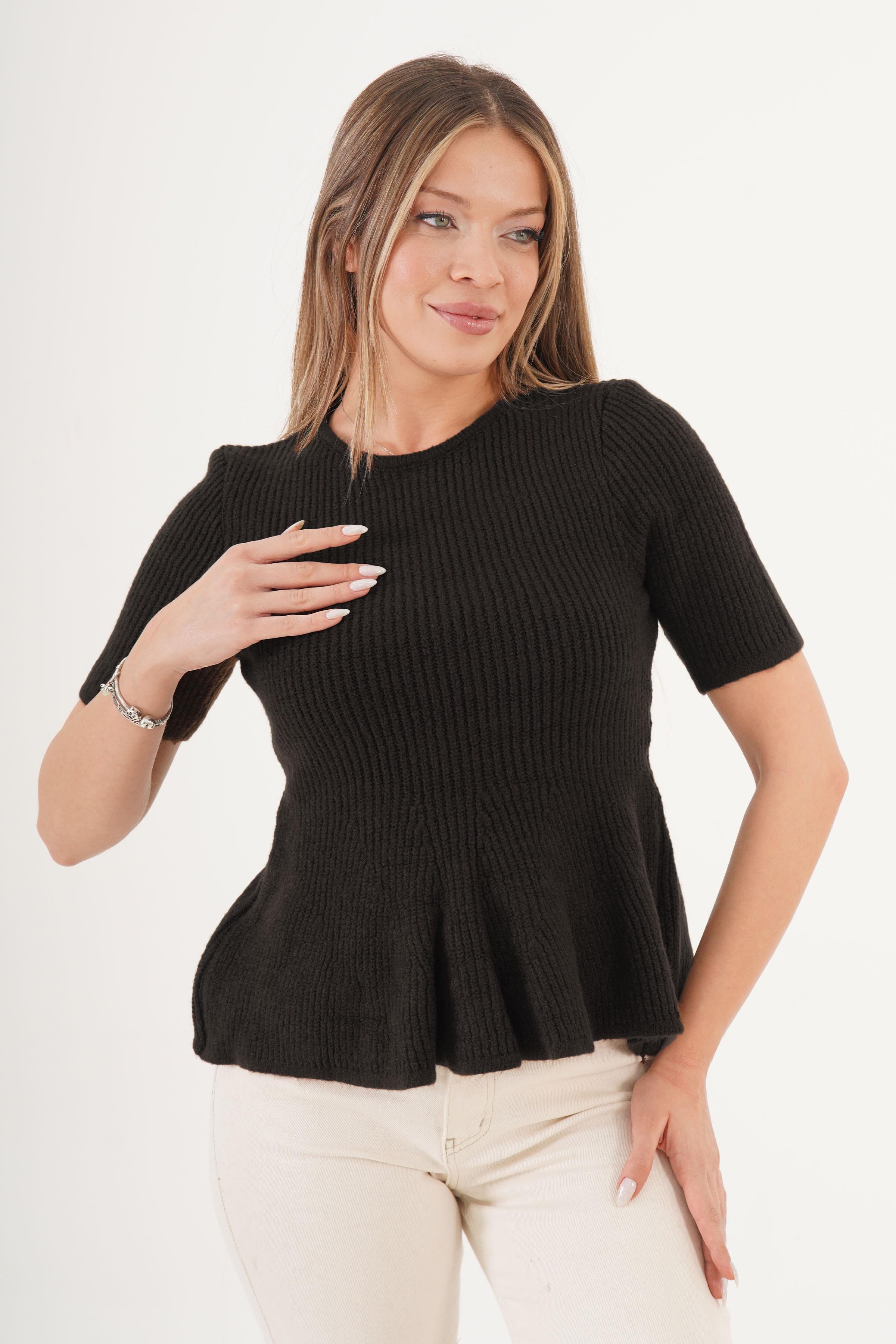 Kısa Kol Etek Ucu Fırfırlı Toptan Siyah Kazak Siyah STD