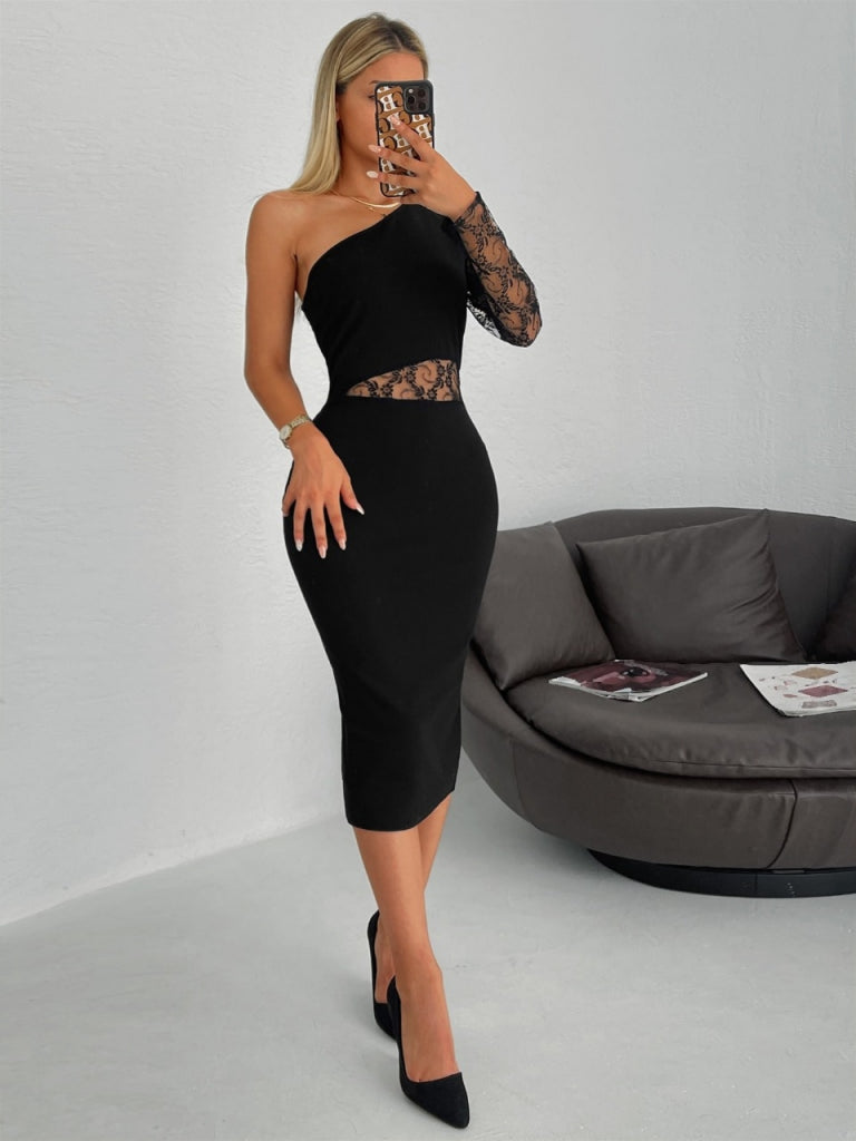 Women's Black One-Shoulder Lace Detail Crepe Dress with Shoulder Cut-Out, 31192