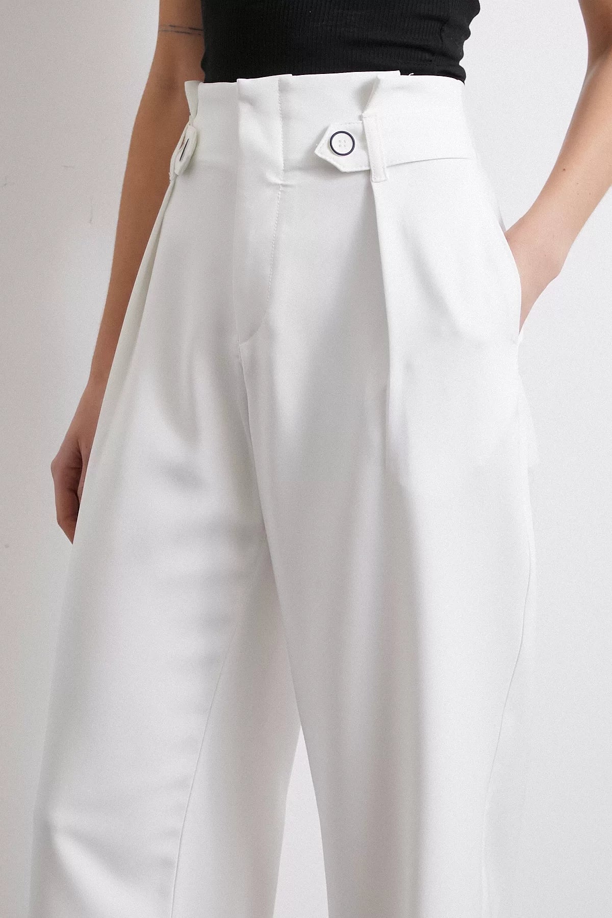 Bel Detaylı Wide Leg Pantolon - Ekru