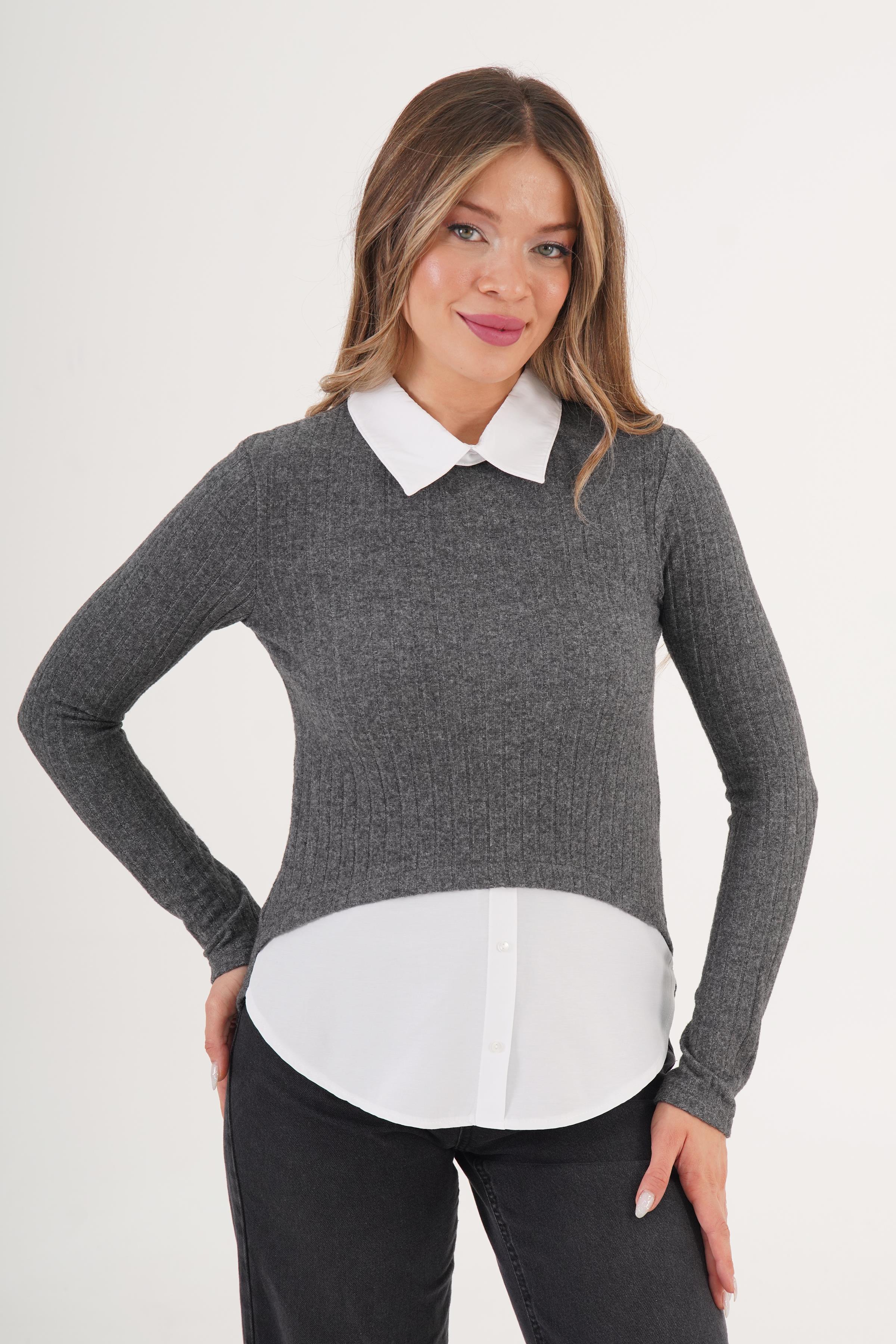 Gömlek Detaylı Uzun Kol Toptan Antrasit Bluz Antrasit S