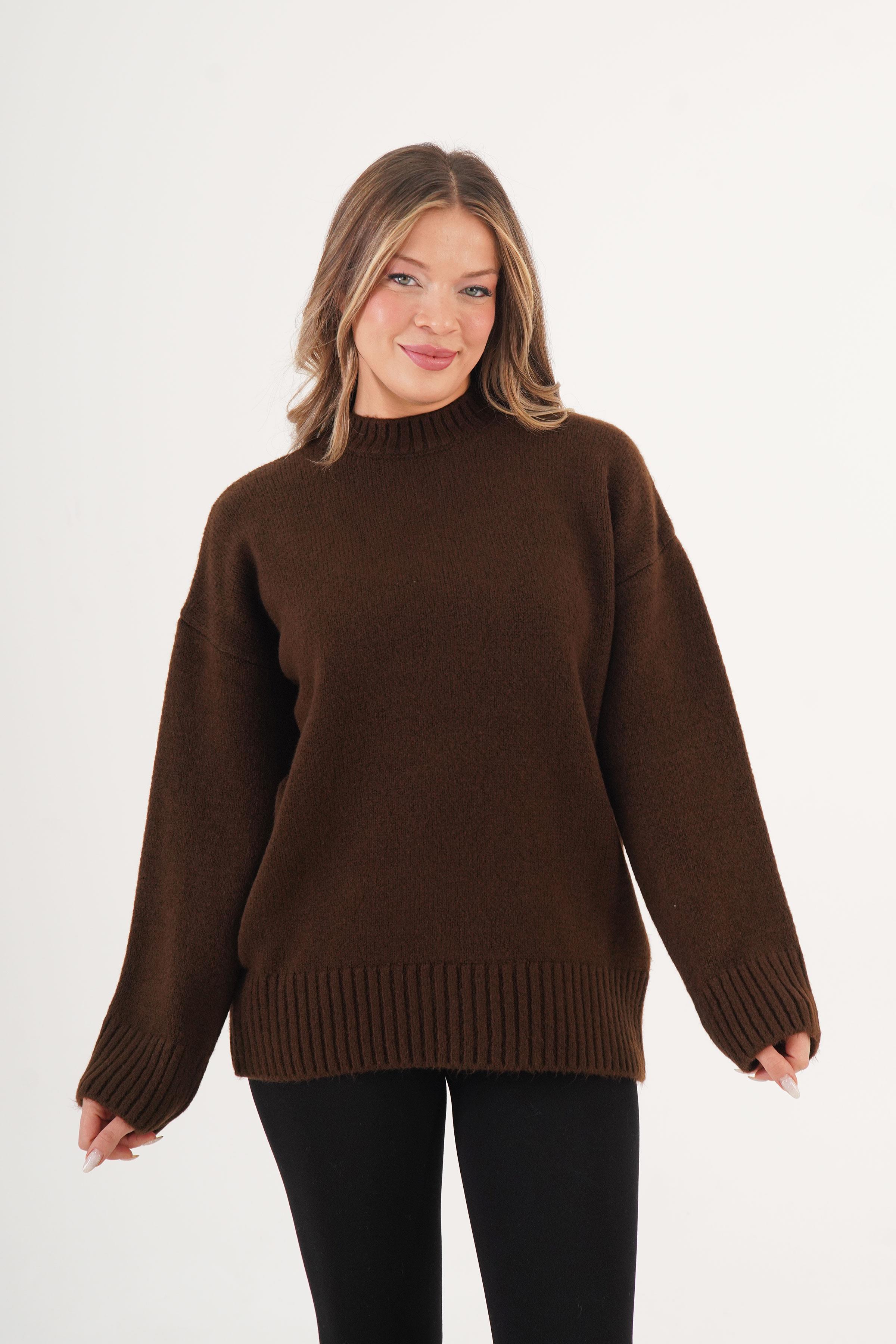 Ribana Detaylı Basic Toptan Kahve Kazak Kahverengi STD