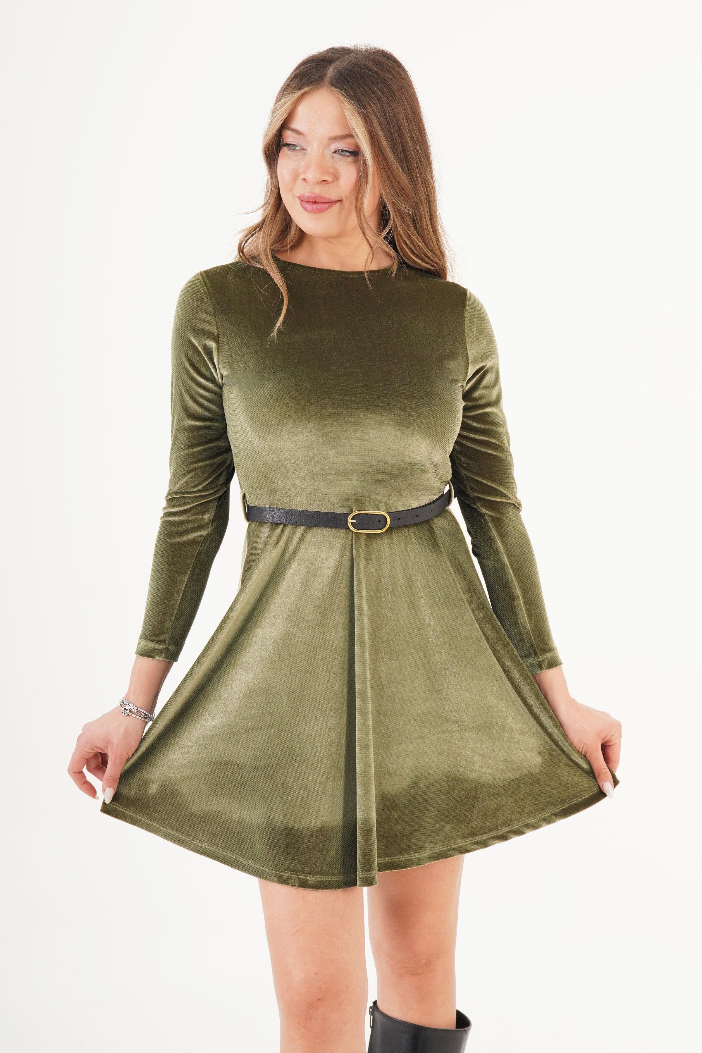 Kemerli Kloşlu Kadife Haki Toptan Elbise