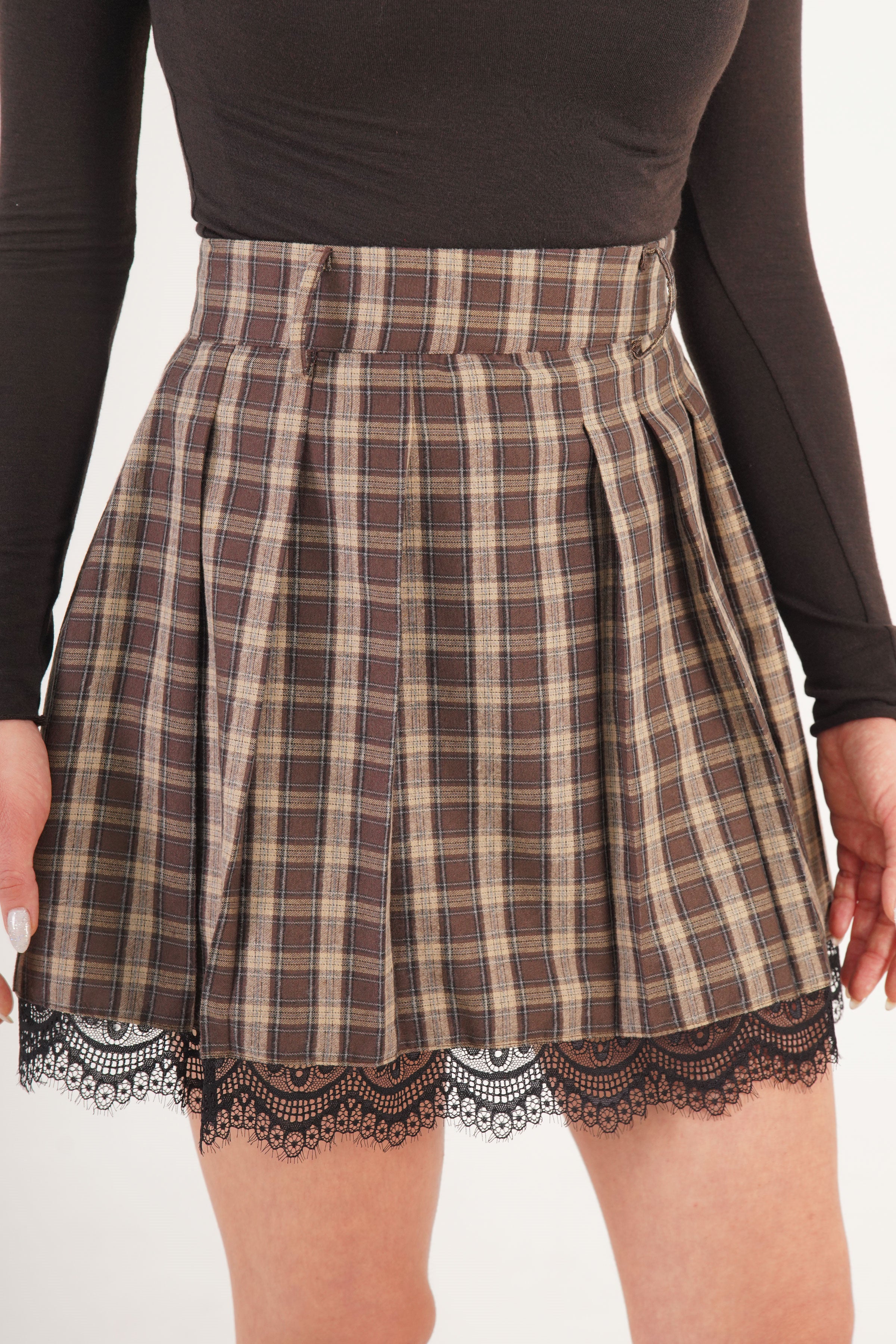 Dantel Detaylı Ekoseli Toptan Kahve Etek Kahverengi S