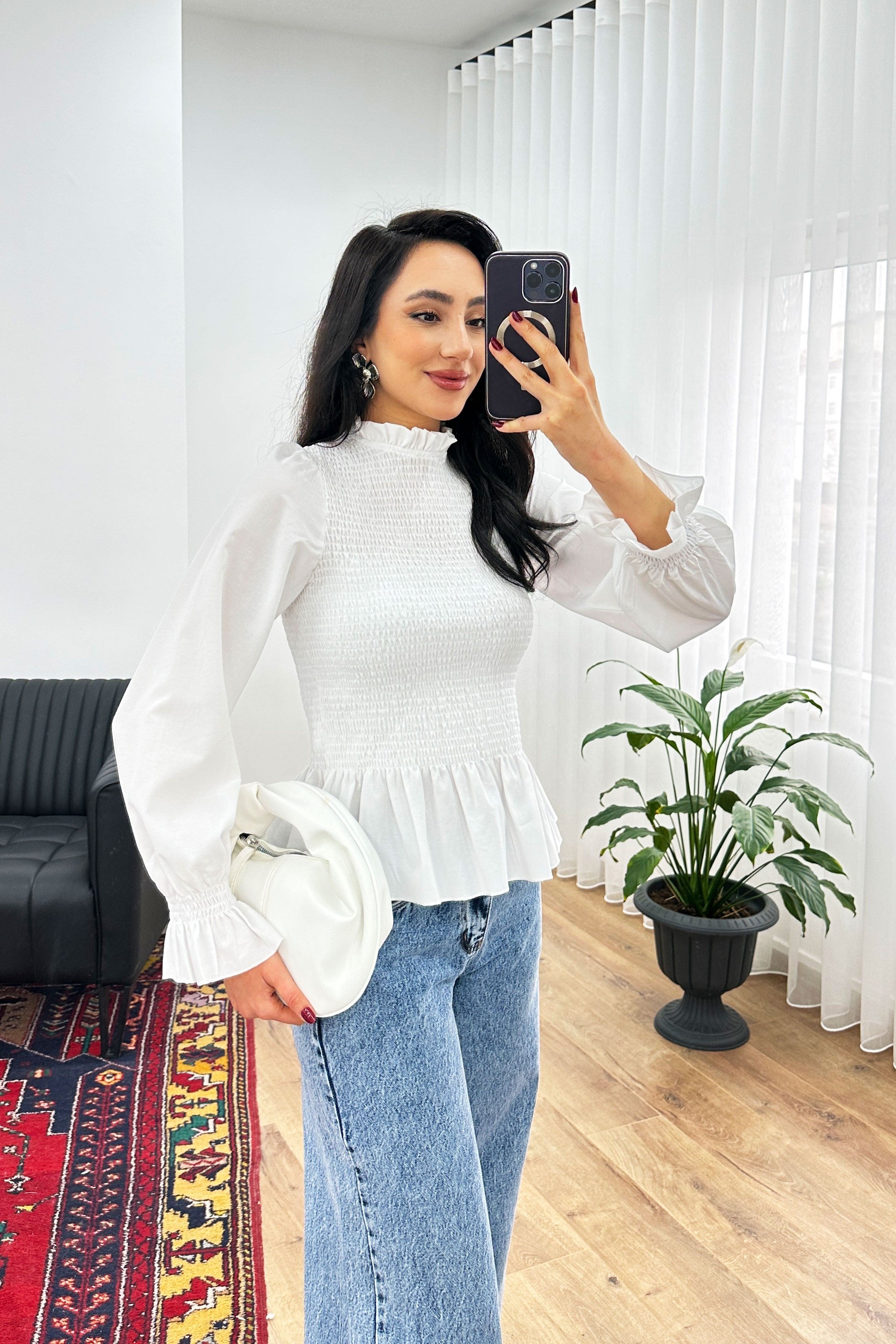 Komple Gipeli Dik Yaka Beyaz Toptan Bluz