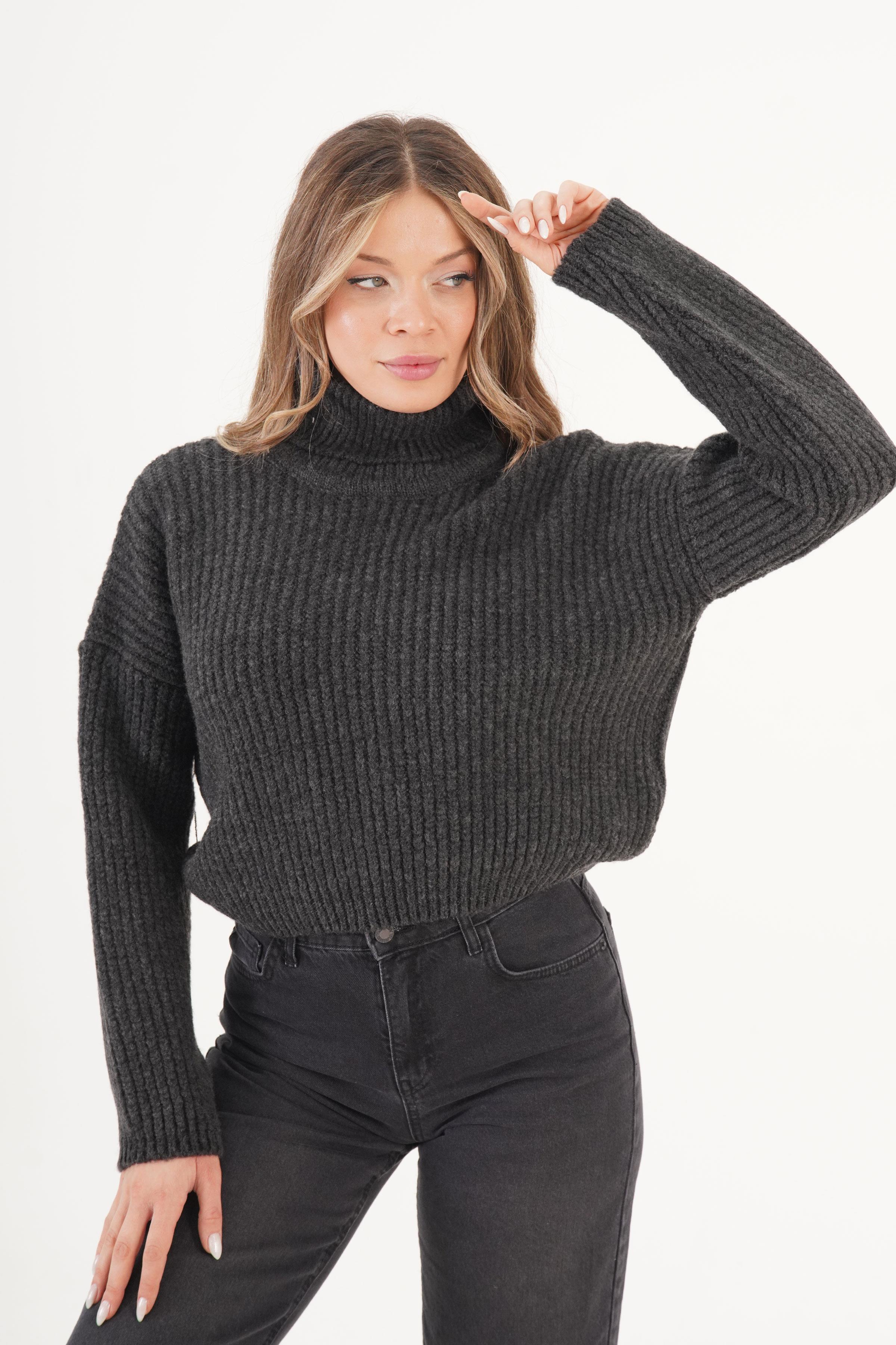 Selanik Örme Boğazlı Toptan Antrasit Kazak