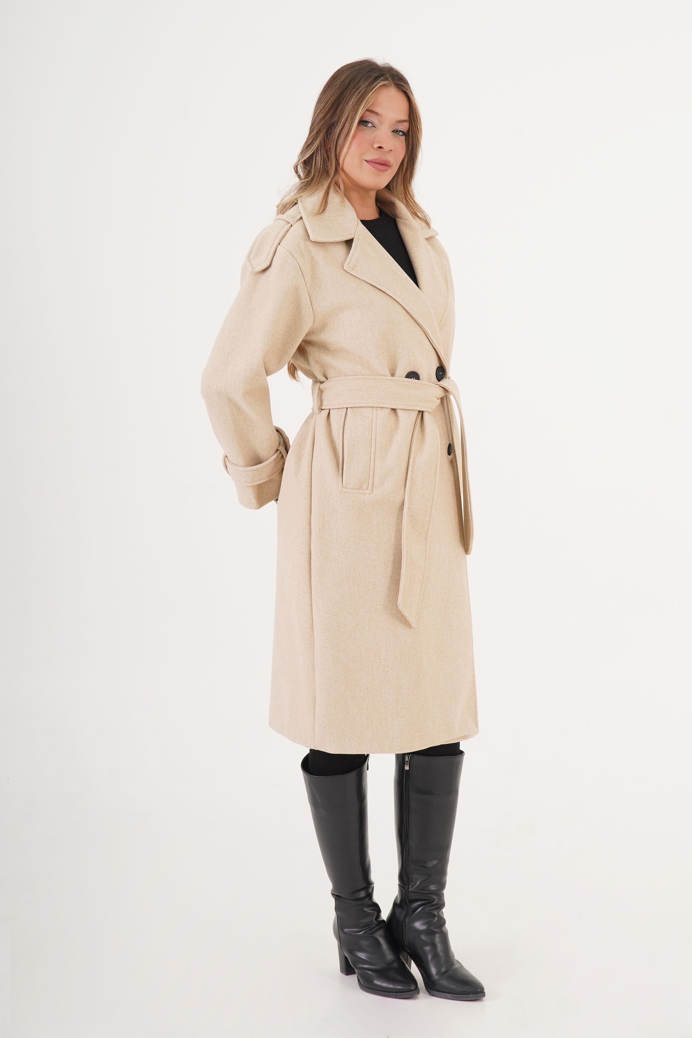 Apolet Detaylı Kuşaklı Toptan Taş Kaşe Kaban