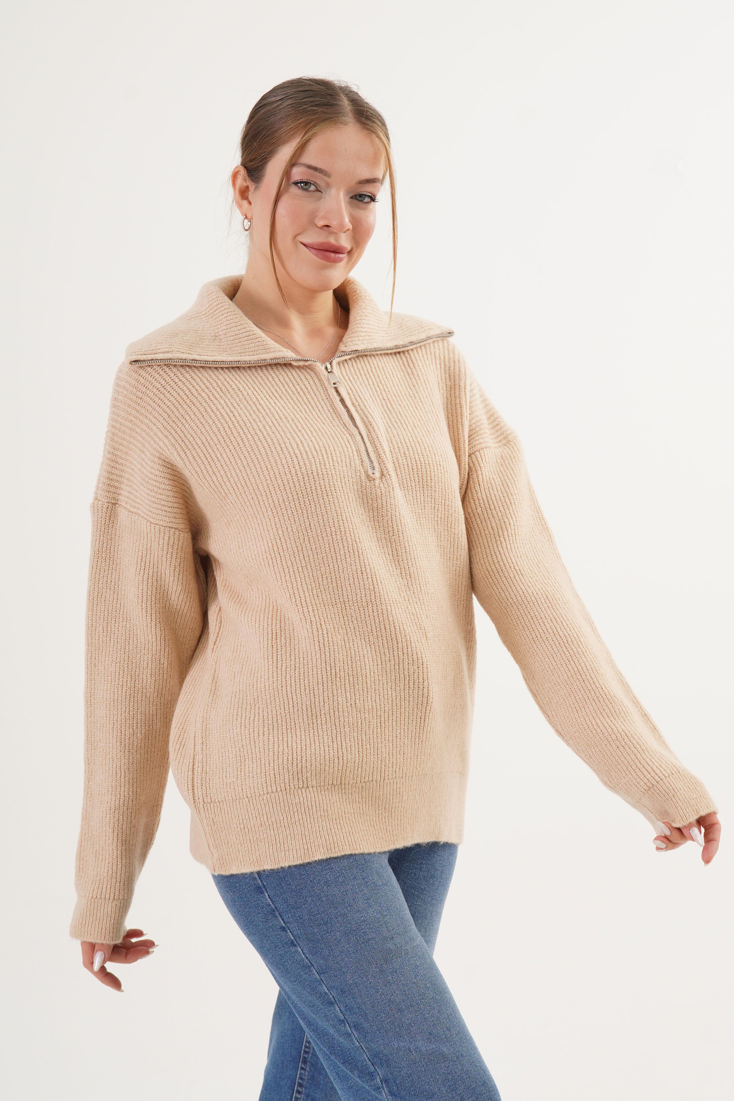 Fermuar Yakalı Selanik Örme Camel Toptan Kazak Camel STD