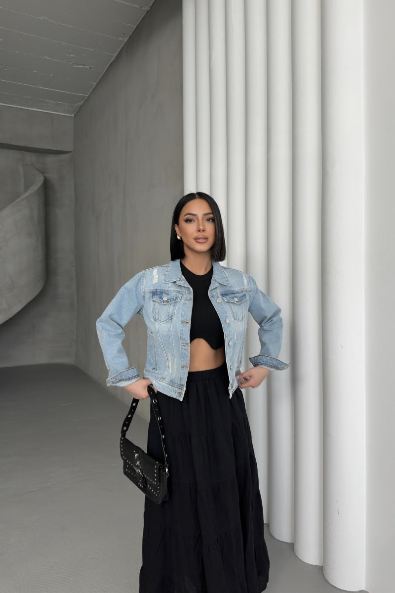 Kısa Kot Ceket 641 - Orta Mavi Kar Yıkama Tintli - (S-XL-6) - 5