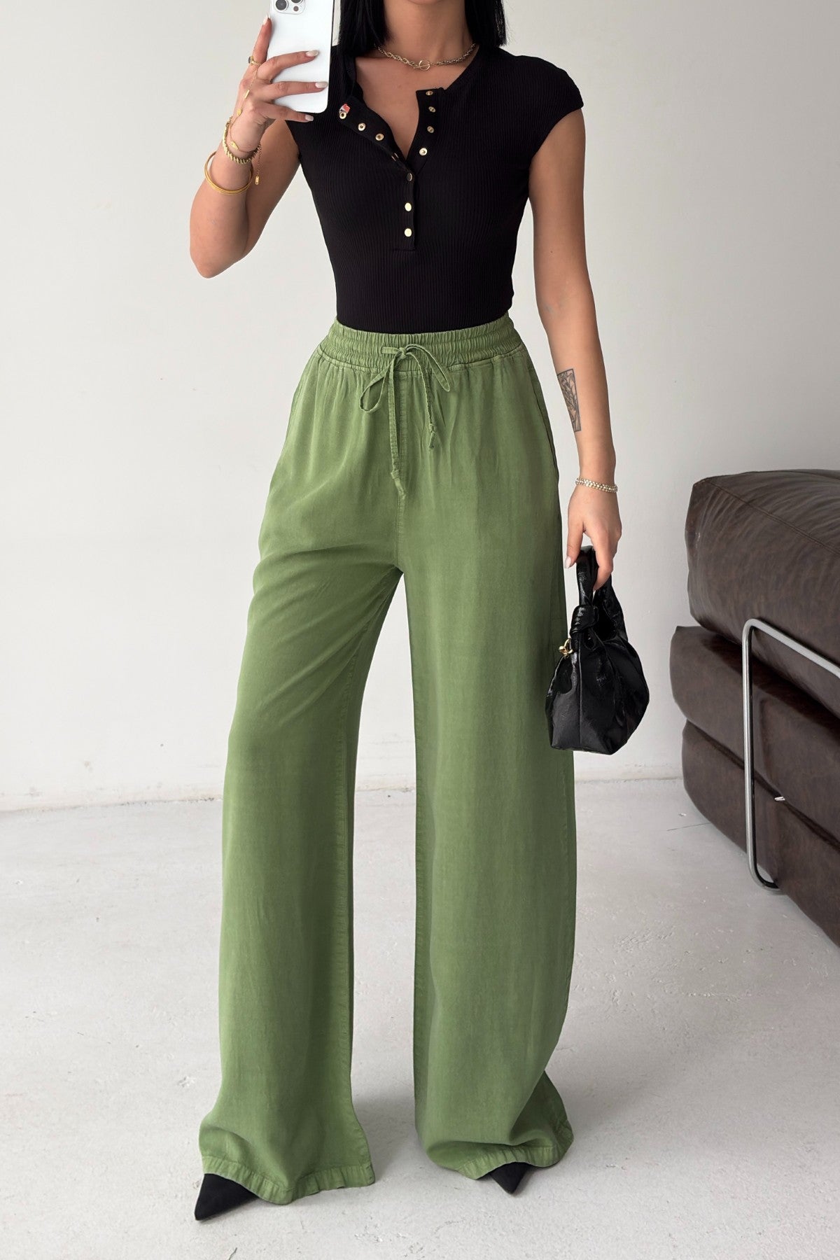 Lastikli Palazzo Pantolon HS708 - Açık Fıstık - (S-XL) - 5