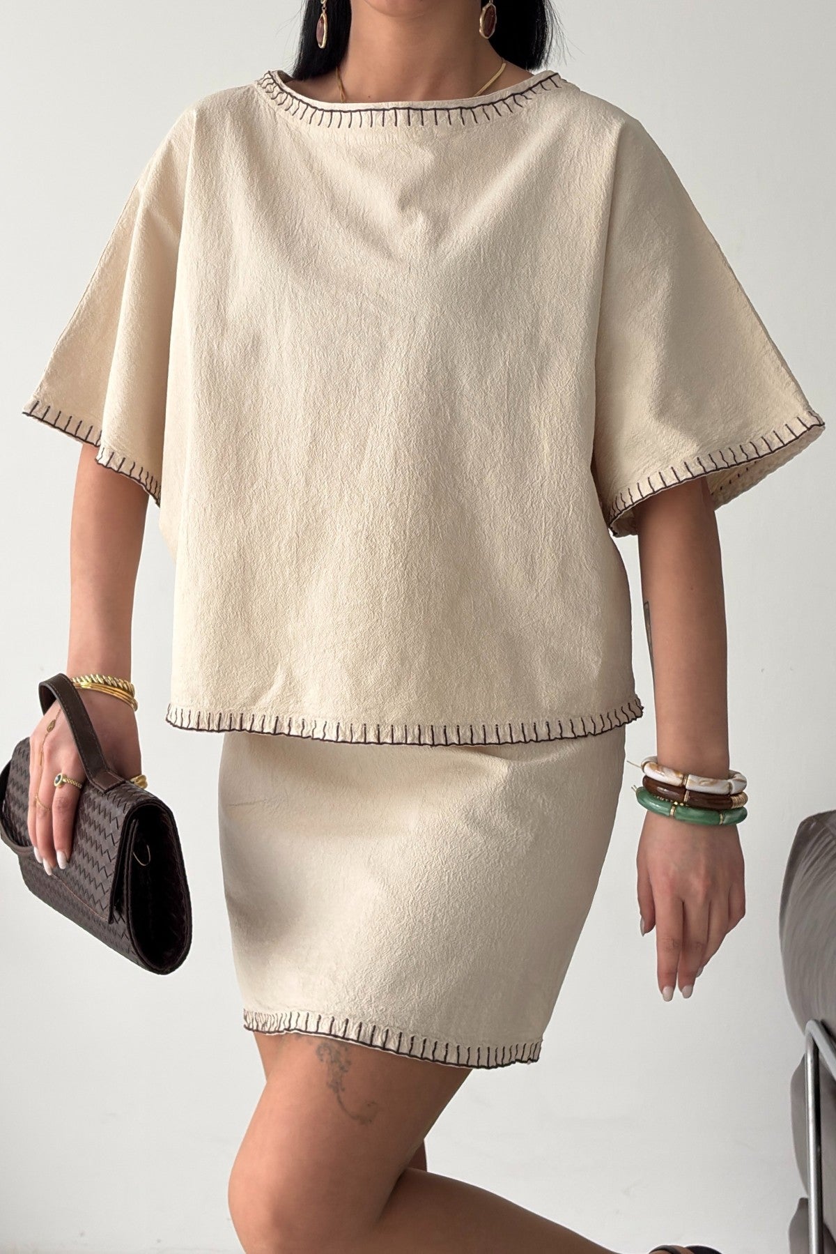 Nakışlı Oversize Bluz - Taş - (S-L) - 5