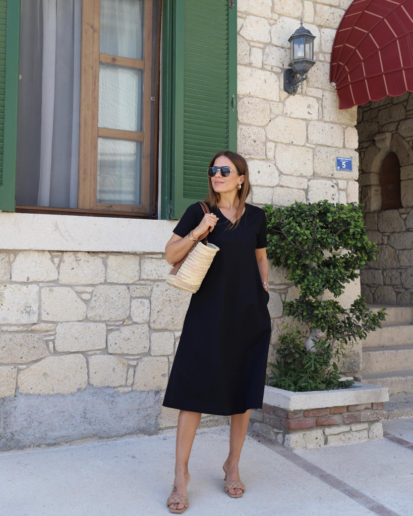Women's Short Sleeve V-Neck A-Line Viscose Dress with Pockets, 24433