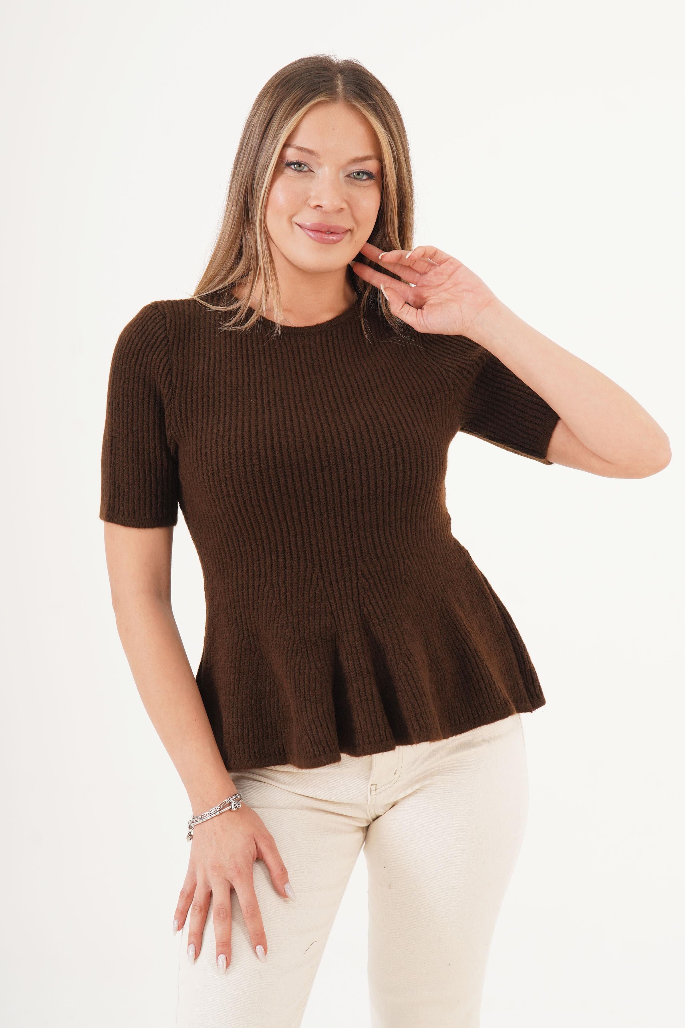 Kısa Kol Etek Ucu Fırfırlı Toptan Kahve Kazak Kahverengi STD