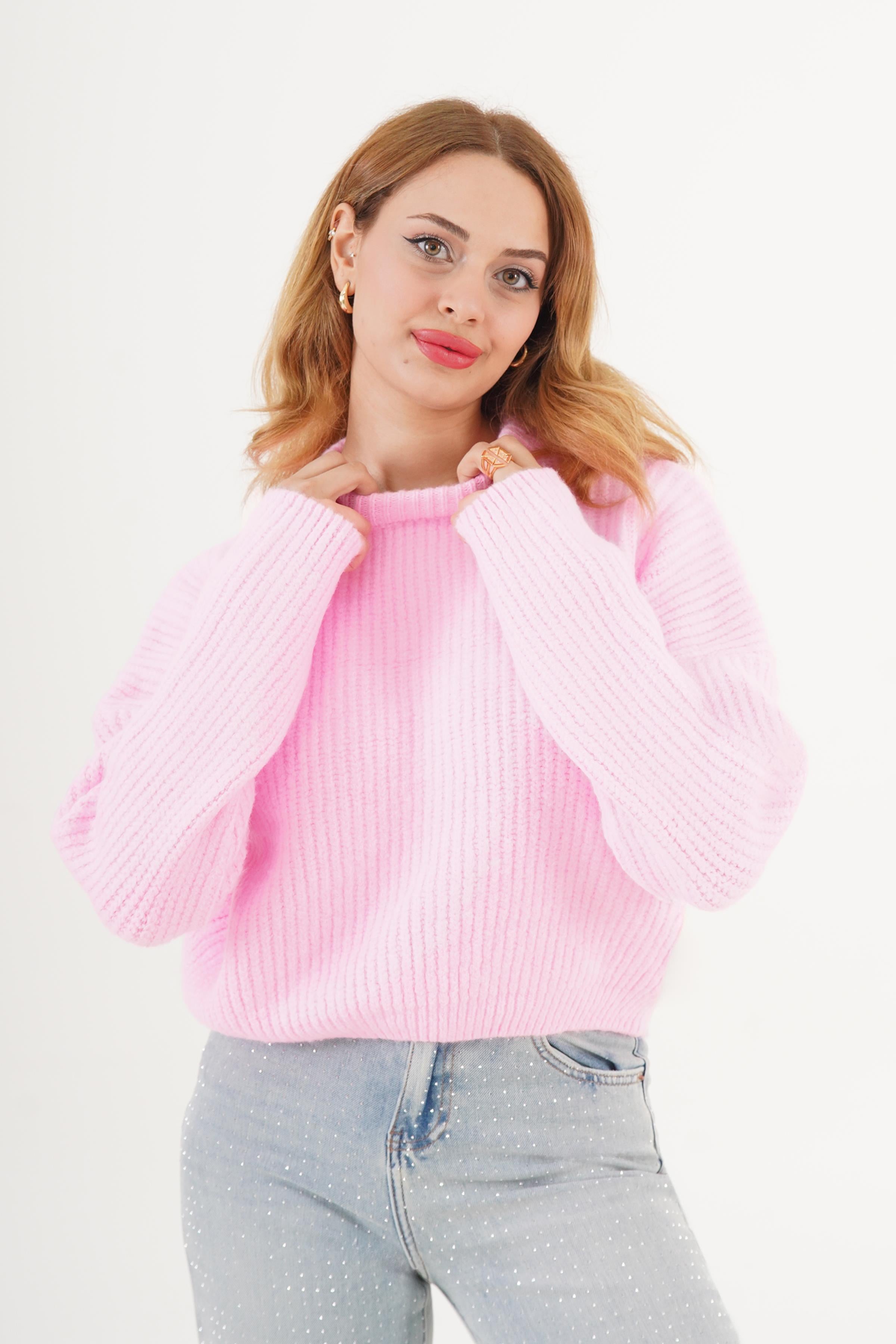 Bisiklet Yaka Basic Toptan Pembe Kazak