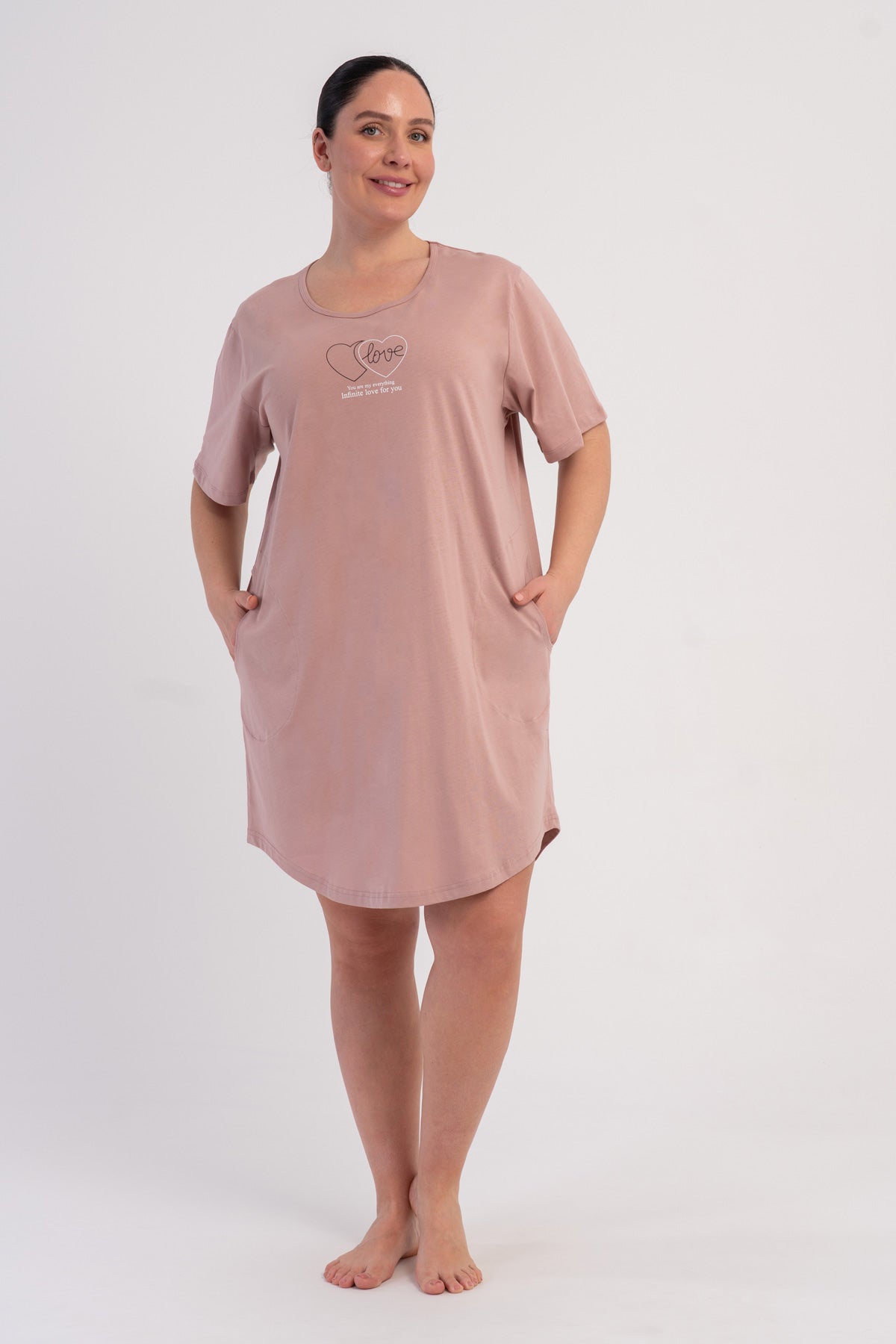 KADIN P.SUPREM XXL O YAKA KISA KOL ETEGI OVAL CEPLI TUNIK - PUDRA PEMBE