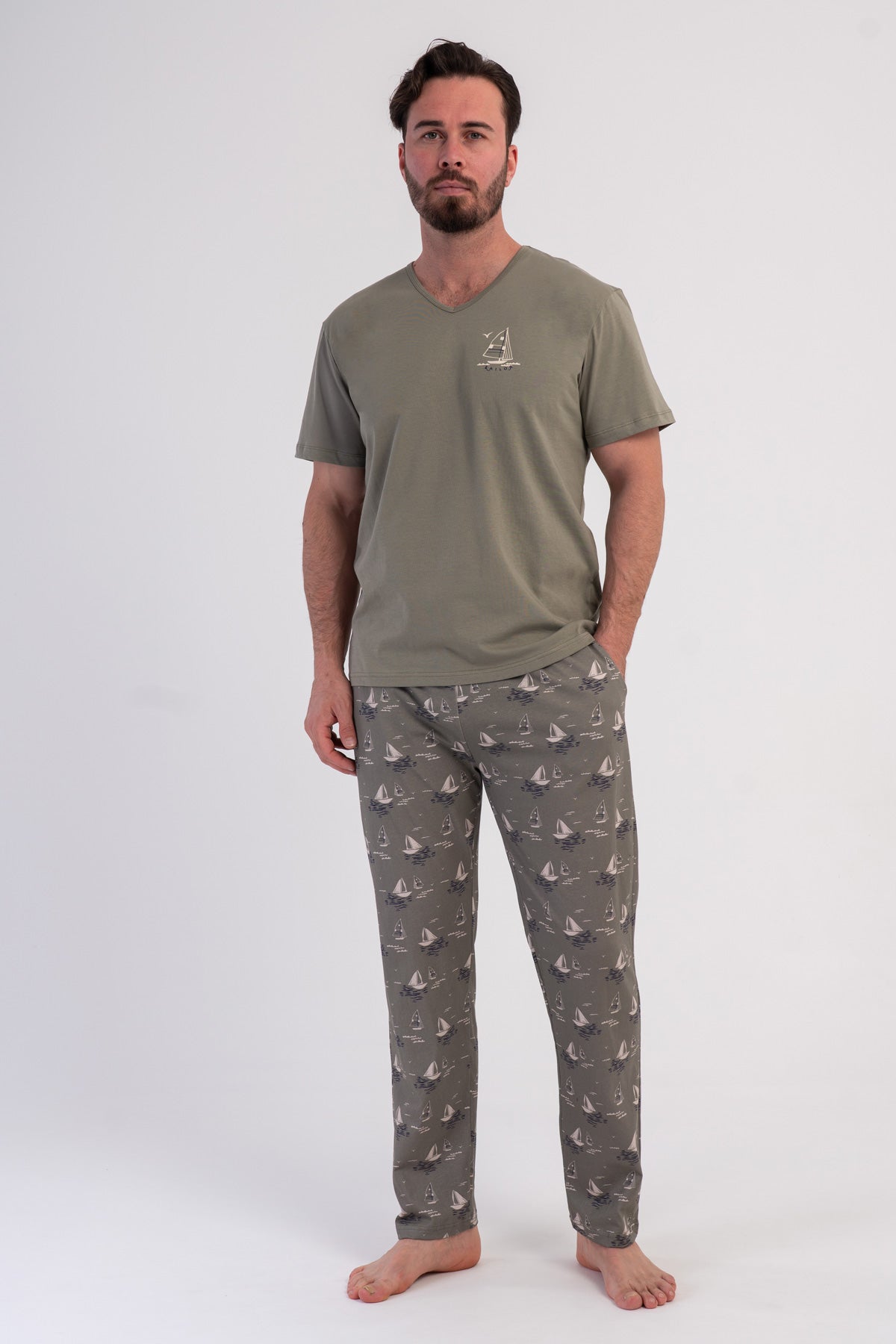 CEPLI ERKEK P.SUPREM XXL V YAKA KISA KOL PIJAMA TAKIM - HAKI
