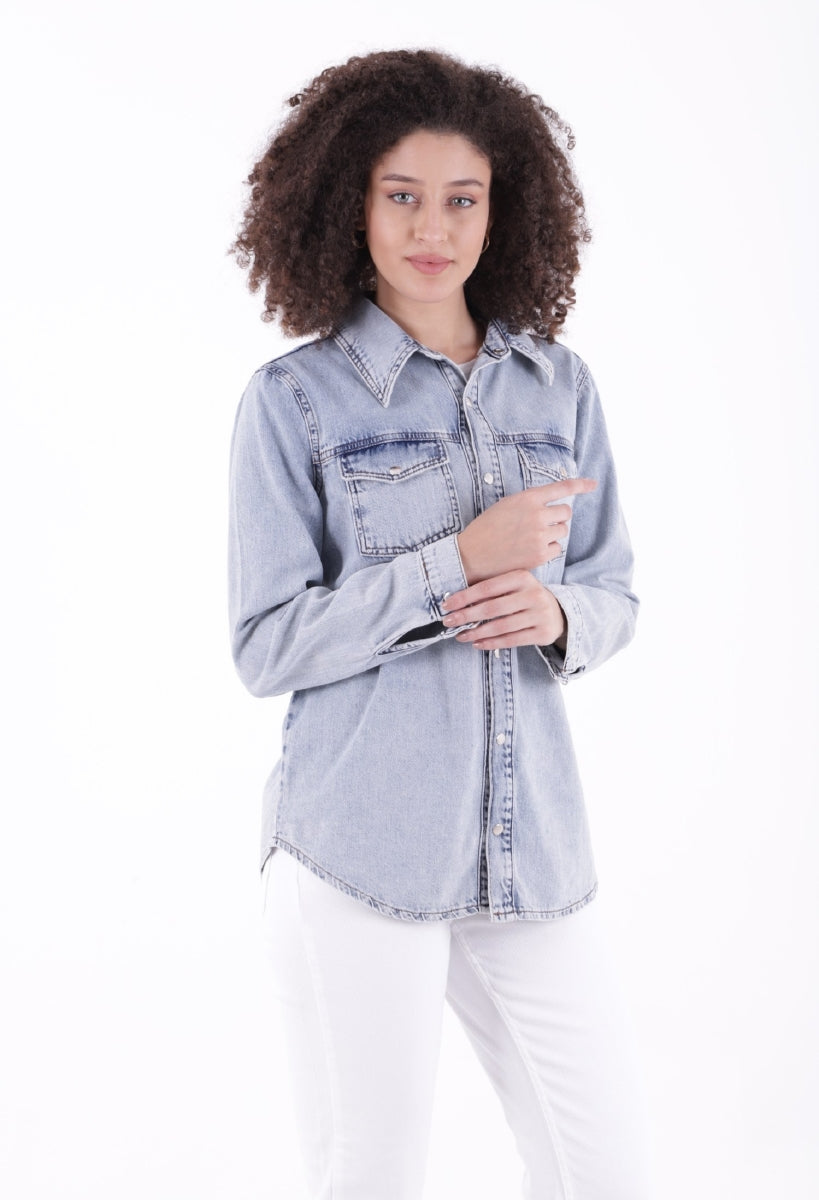 Çıtçıtlı Kot Gömlek - Orta Mavi Kar Yıkama Tintli - (S-XL-6) - 4