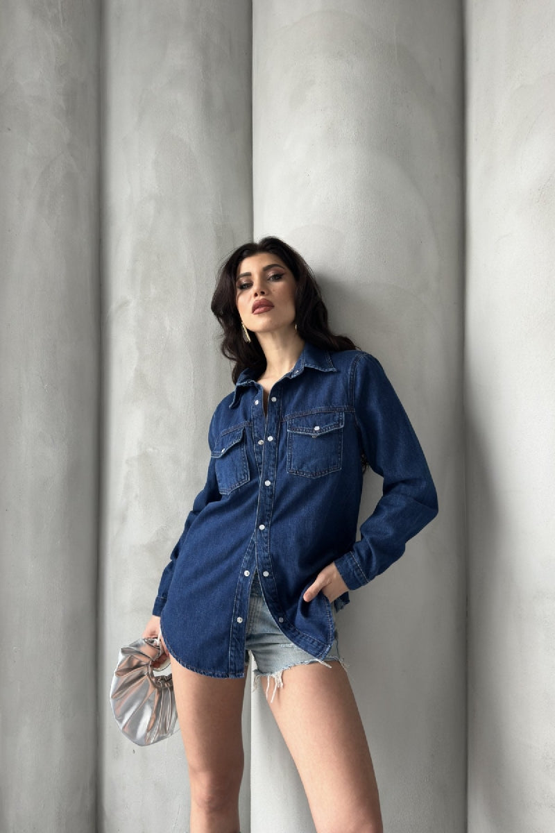 Çıtçıtlı Kot Gömlek - Düz Koyu Rins - (S-XL-6) - 2