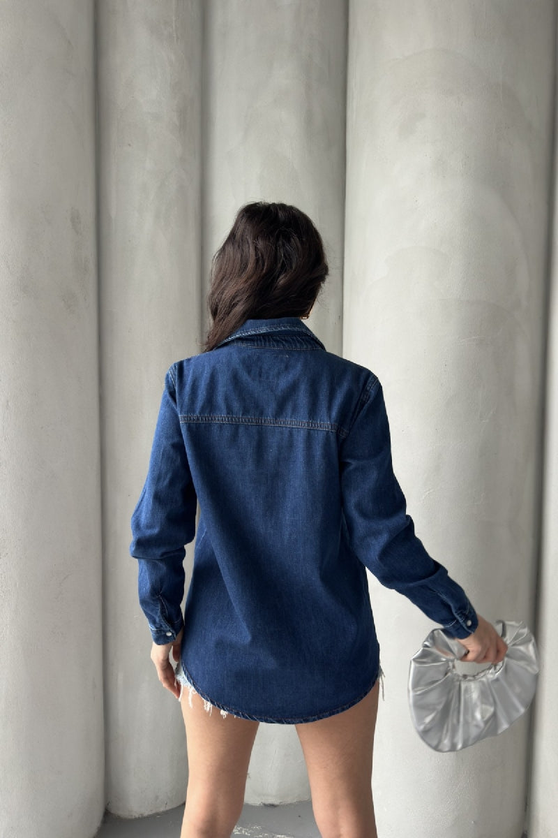 Çıtçıtlı Kot Gömlek - Düz Koyu Rins - (S-XL-6) - 3