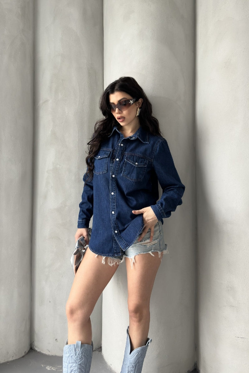 Çıtçıtlı Kot Gömlek - Düz Koyu Rins - (S-XL-6) - 4