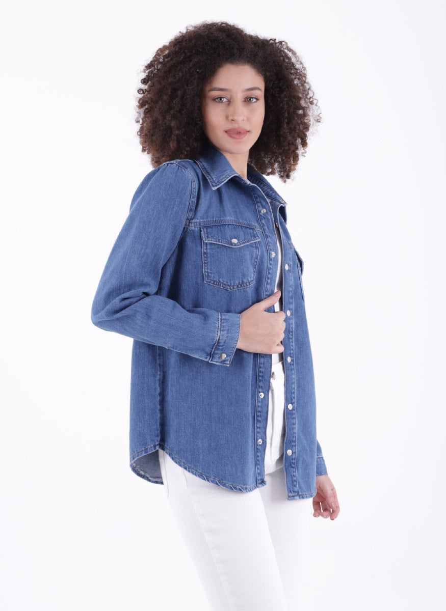 Çıtçıtlı Kot Gömlek - Düz Orta Mavi Rins - (S-XL-6) - 2