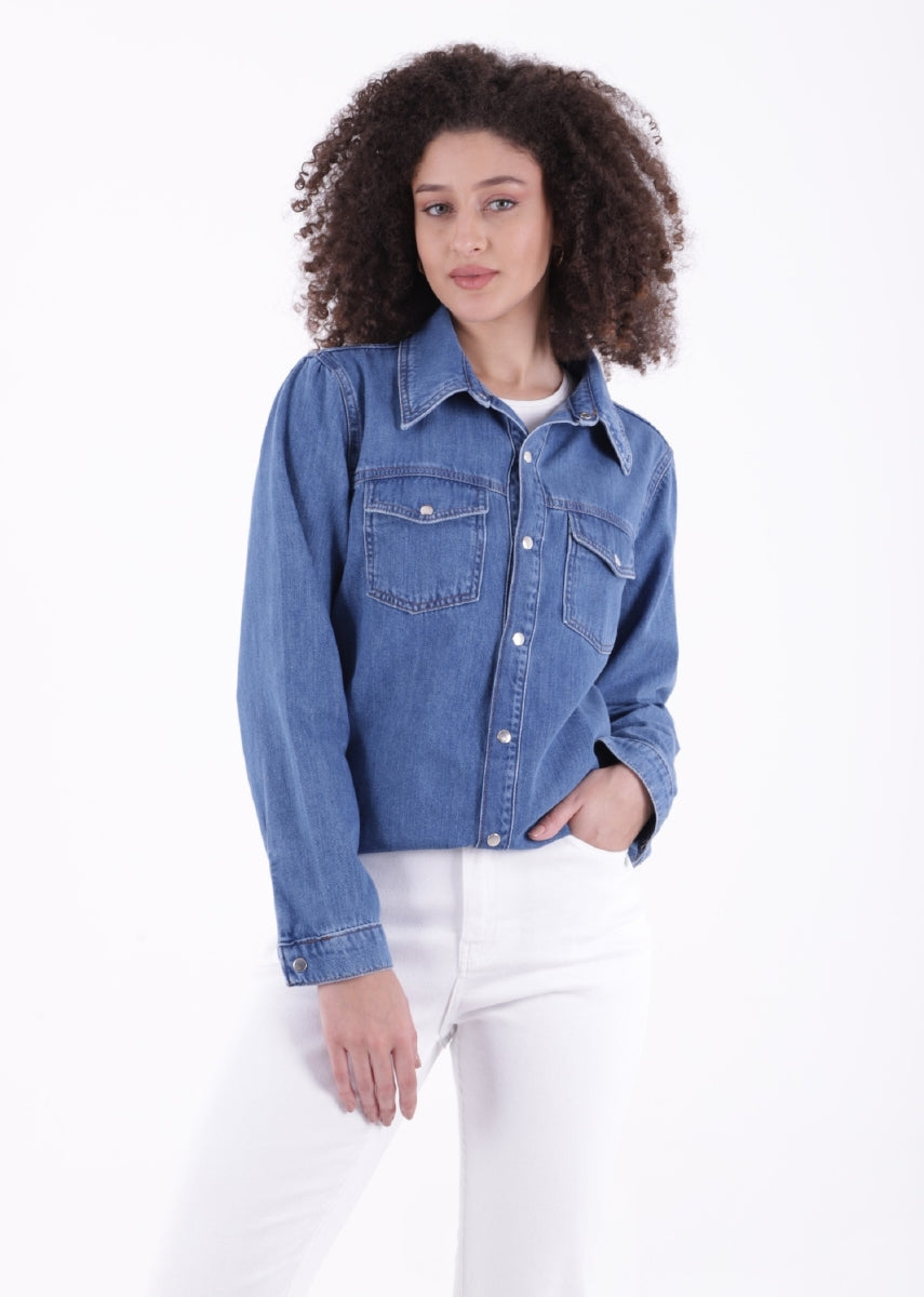 Çıtçıtlı Kot Gömlek - Düz Orta Mavi Rins - (S-XL-6) - 3