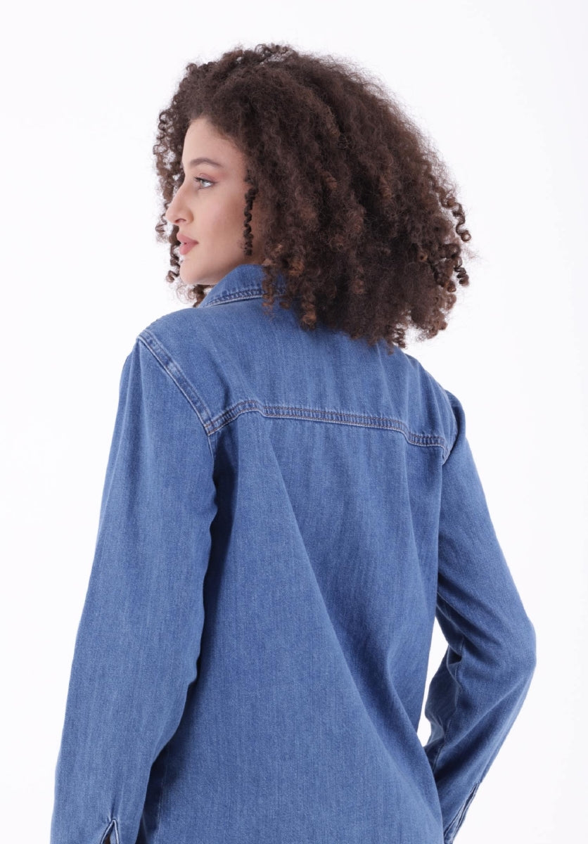 Çıtçıtlı Kot Gömlek - Düz Orta Mavi Rins - (S-XL-6) - 4