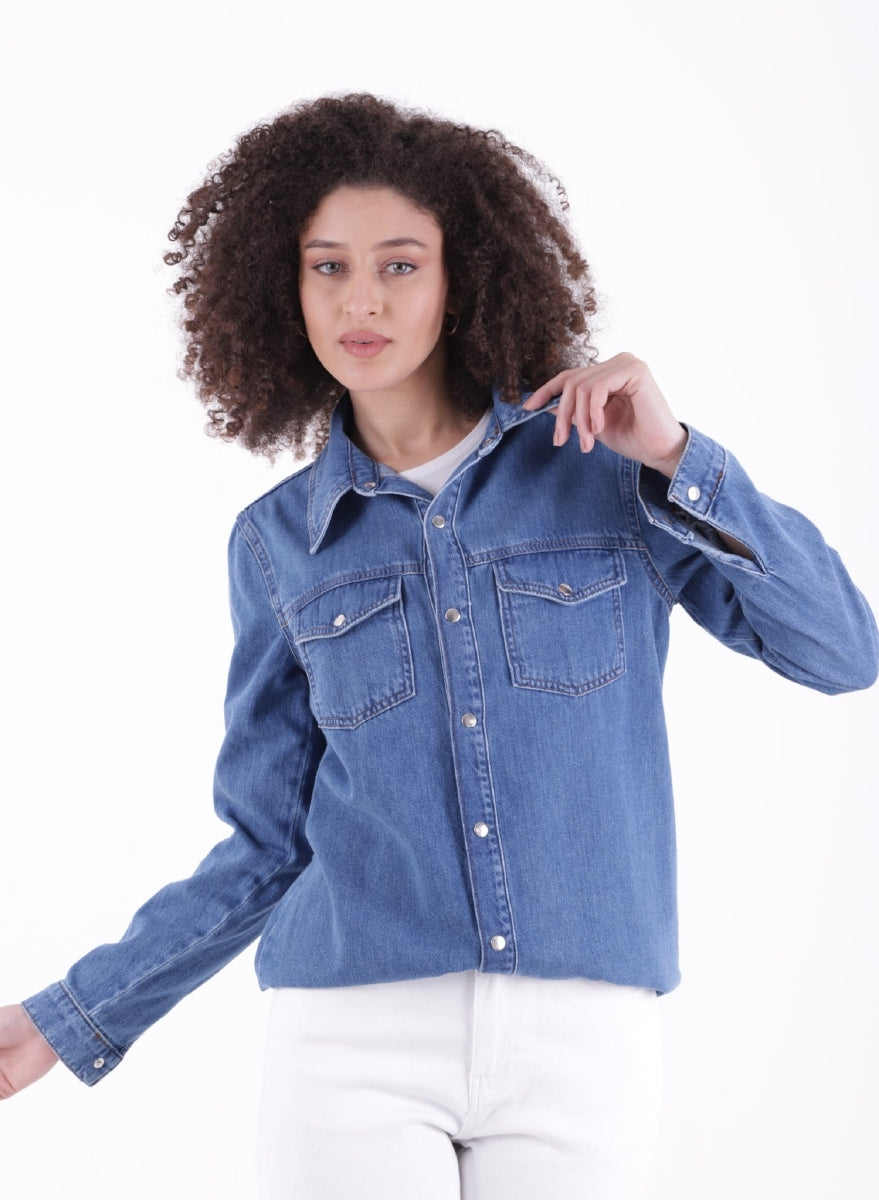 Çıtçıtlı Kot Gömlek - Düz Orta Mavi Rins - (S-XL-6) - 5