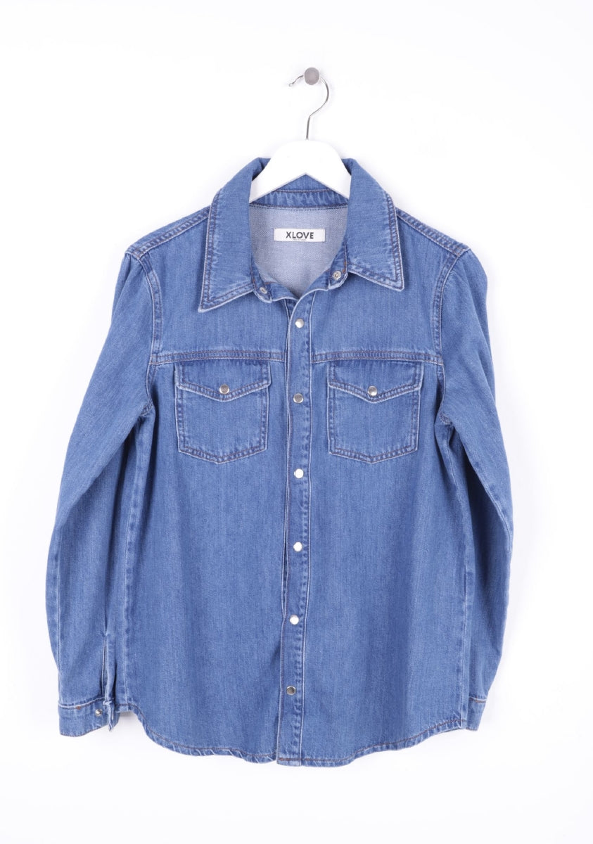 Çıtçıtlı Kot Gömlek - Düz Orta Mavi Rins - (S-XL-6) - 6