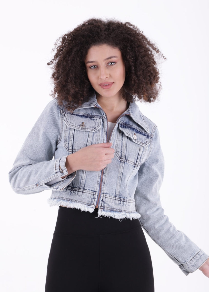 Fermuarlı Püskül Detaylı Kot Ceket - Kar Yıkama Açık Mavi - (S-XL-6) - 2