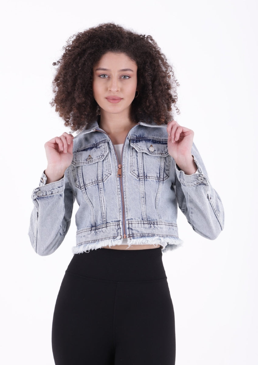 Fermuarlı Püskül Detaylı Kot Ceket - Kar Yıkama Açık Mavi - (S-XL-6) - 4