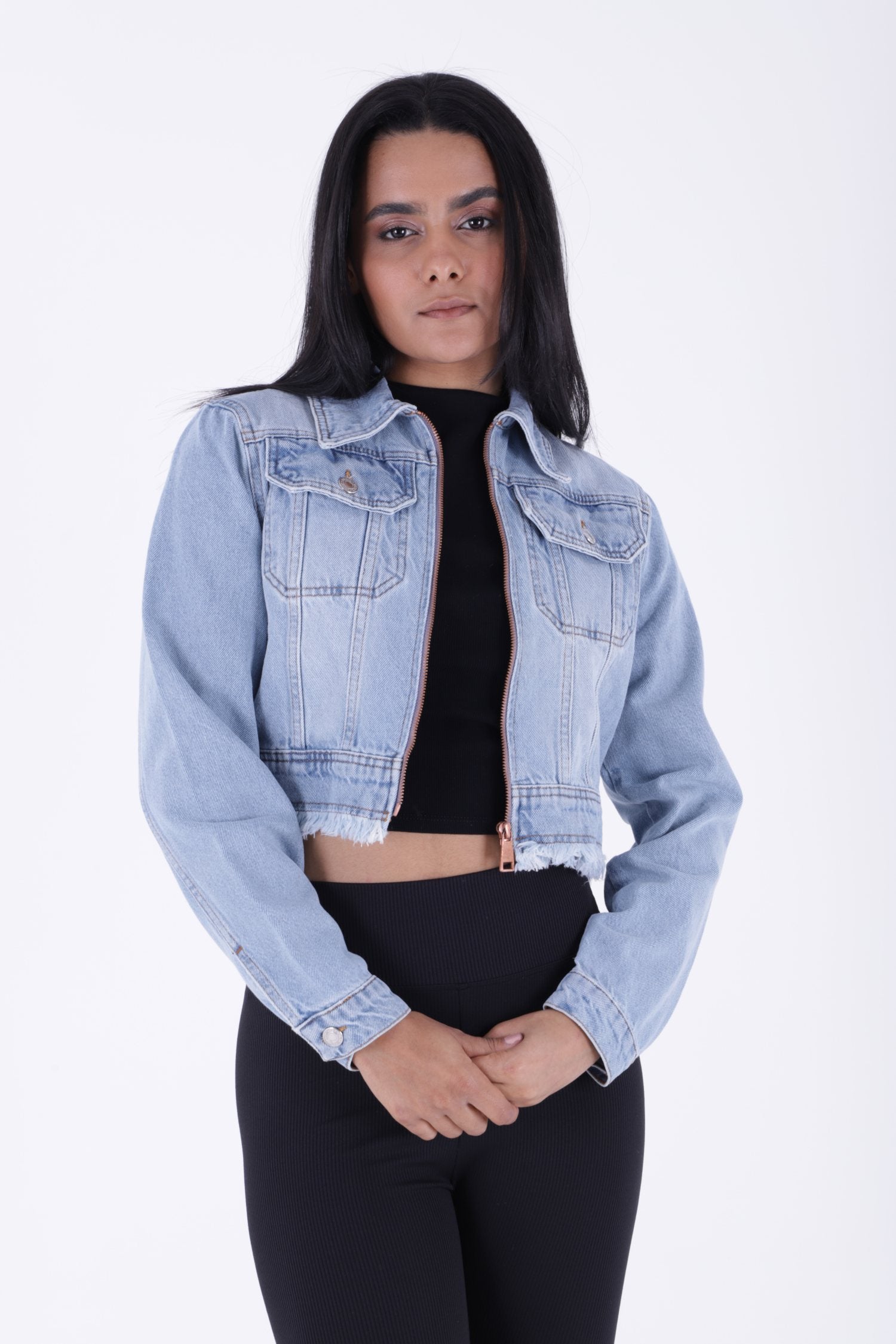 Fermuarlı Püskül Detaylı Kot Ceket - Buz Mavisi ve Tintli - (S-XL-6) - 3