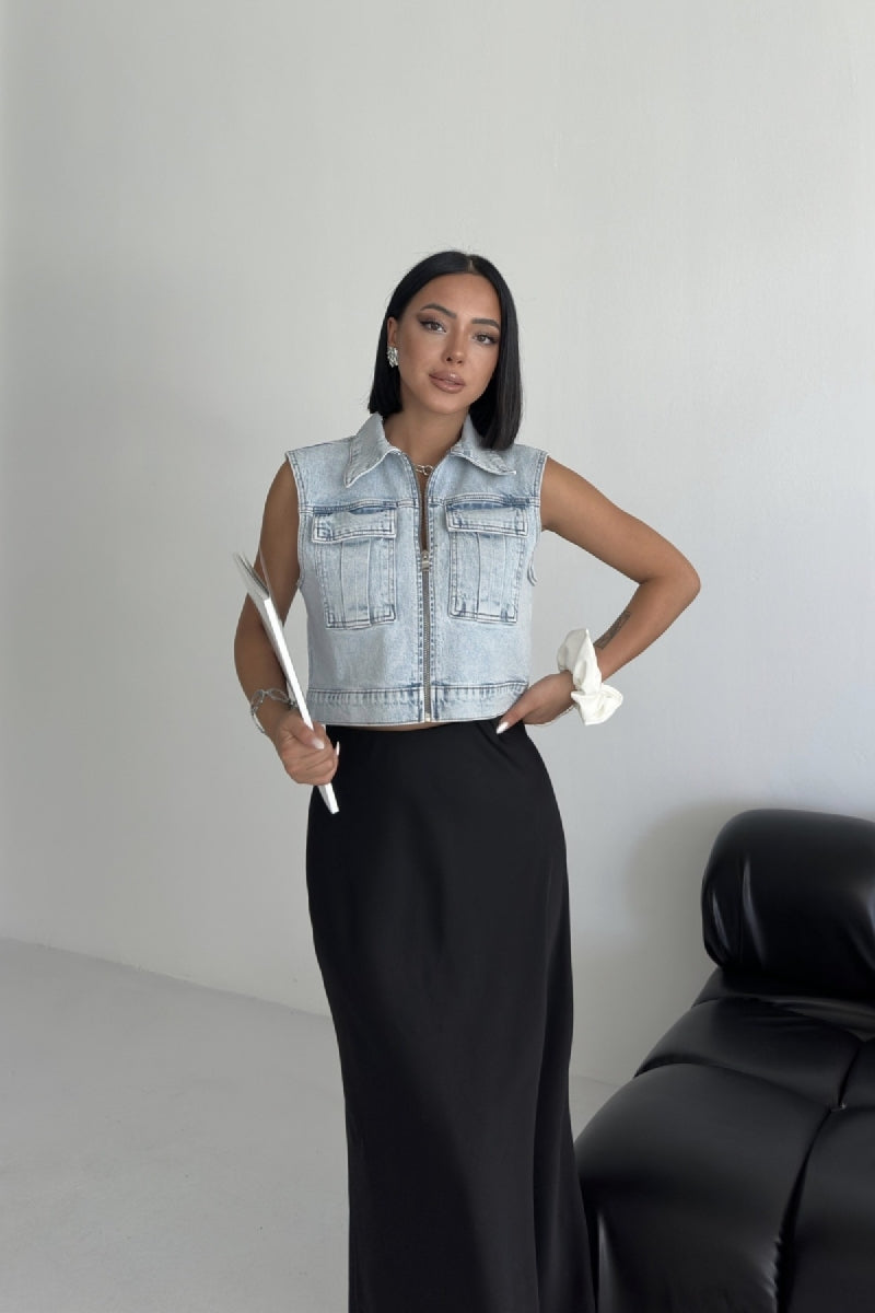 Fermuarlı Mini Kot Yelek - Açık Mavi Kot - (XS-XL-5) - 3