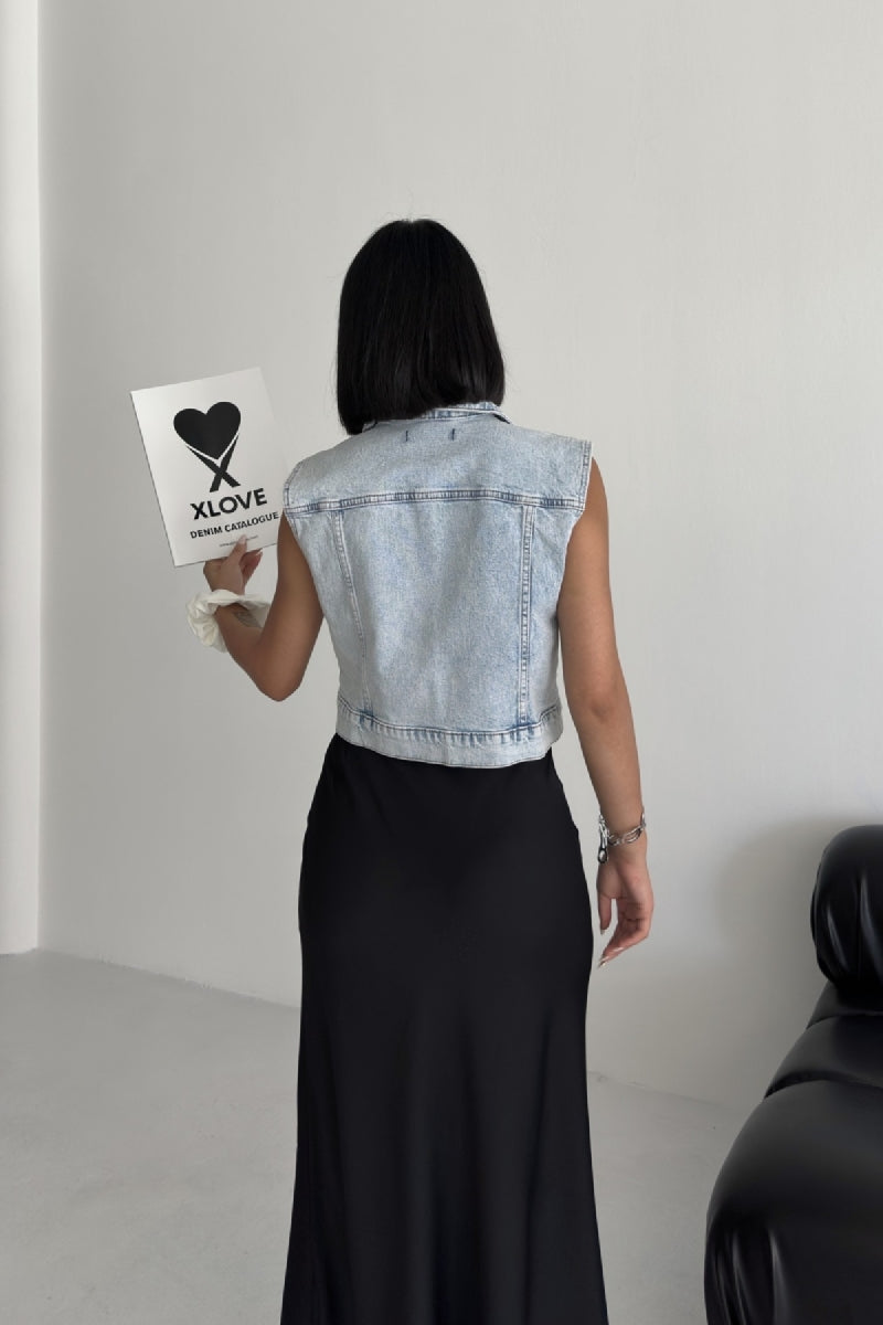 Fermuarlı Mini Kot Yelek - Açık Mavi Kot - (XS-XL-5) - 4