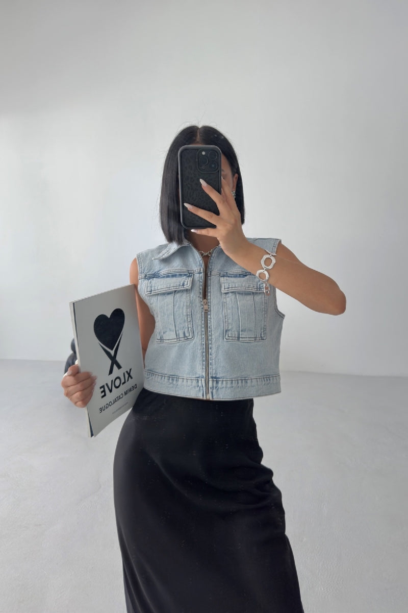 Fermuarlı Mini Kot Yelek - Açık Mavi Kot - (XS-XL-5) - 5