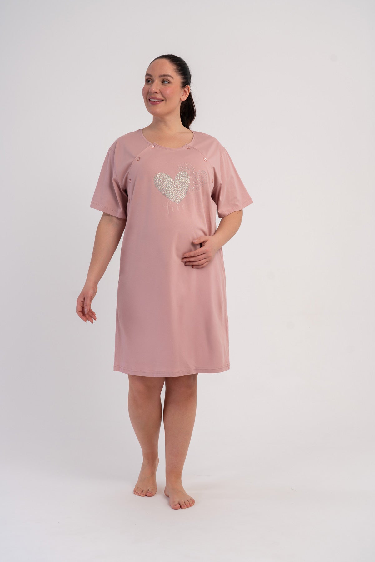 KADIN P.SUPREM XXL CIFT PATLI KISA KOL HAMILE TUNIK - PUDRA PEMBE