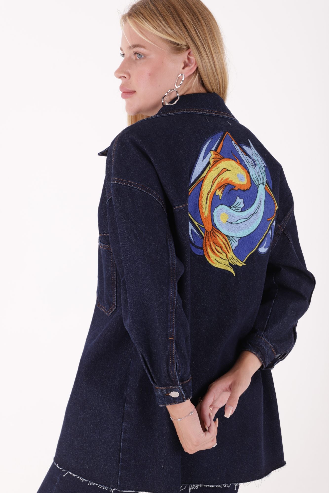 Nakışlı Kot Ceket - Slaplı Lacivert - (S-XL) - 4