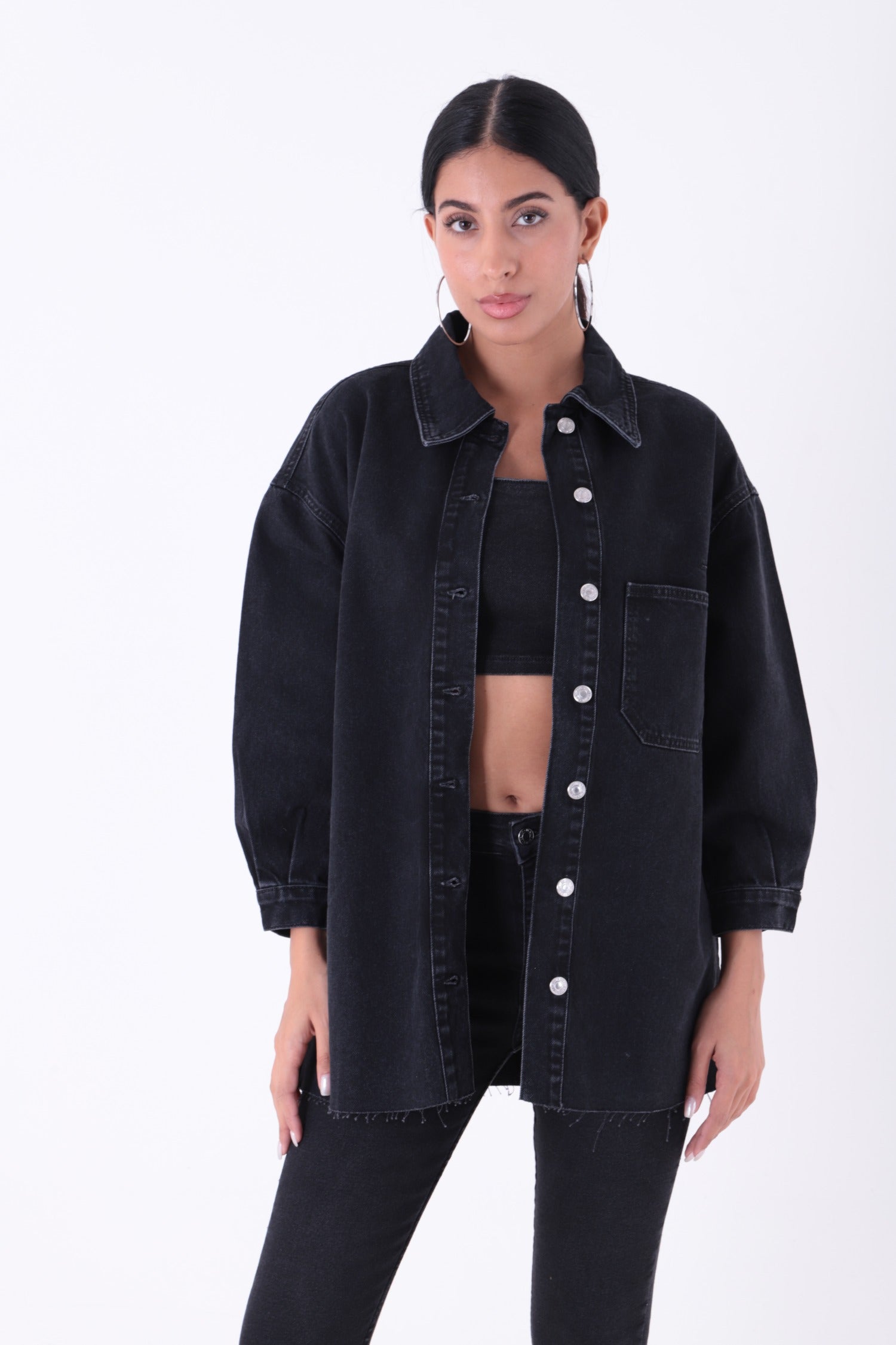 Nakışlı Kot Ceket Düz Antrasit