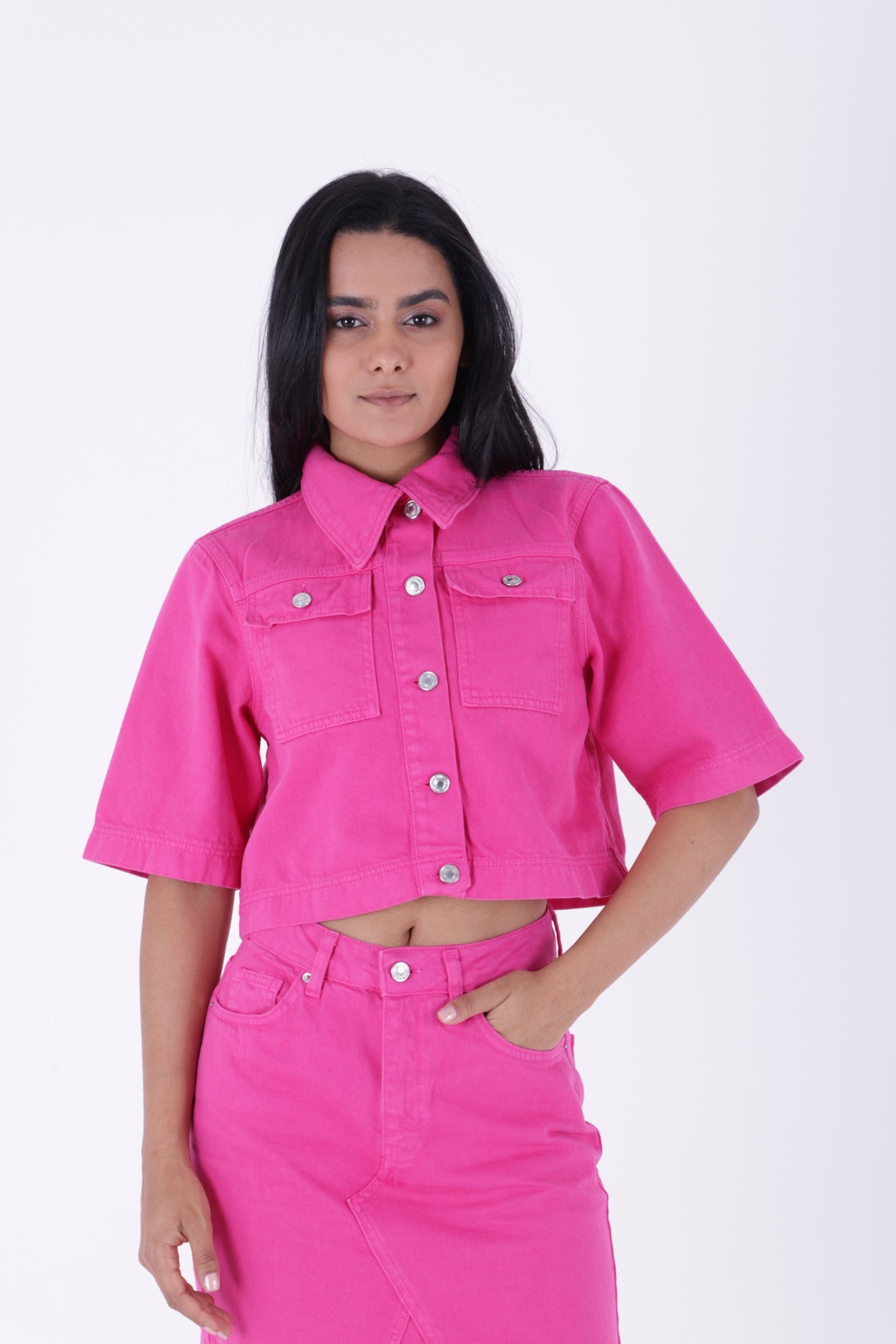 Kısa Kollu Düğmeli Kısa Kot Ceket - Fuşya - (S-XL) - 4