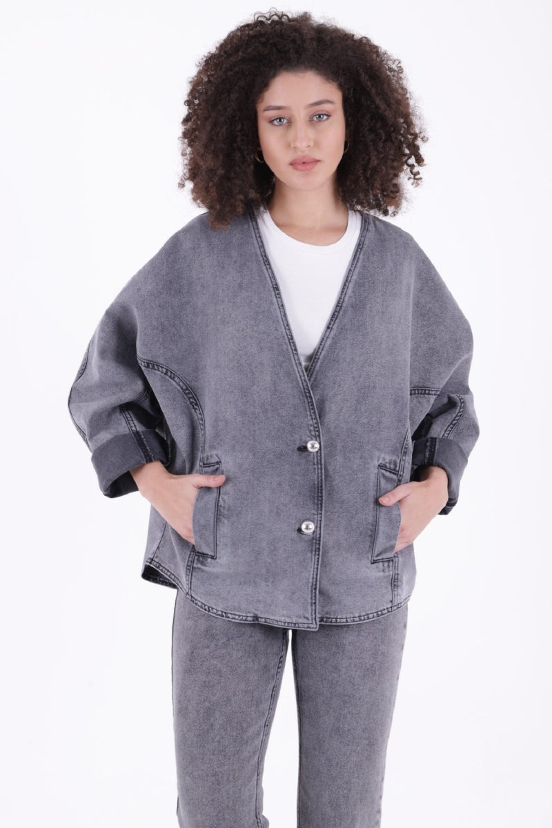 Oversize Yarasa Kollu Kot Ceket Gri Kar Yıkama