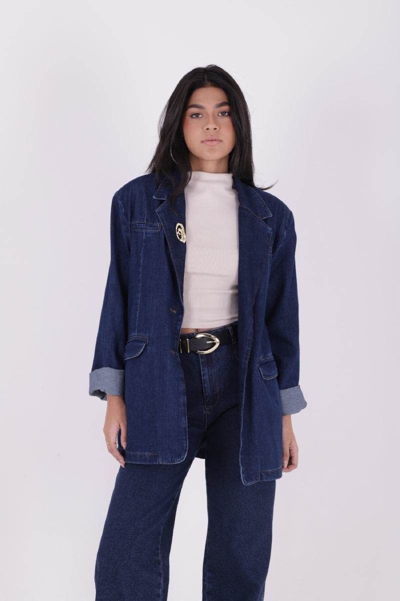 Düğmeli Klasik Blazer Ceket - Düz Koyu Rins - (S+L+4) - 2