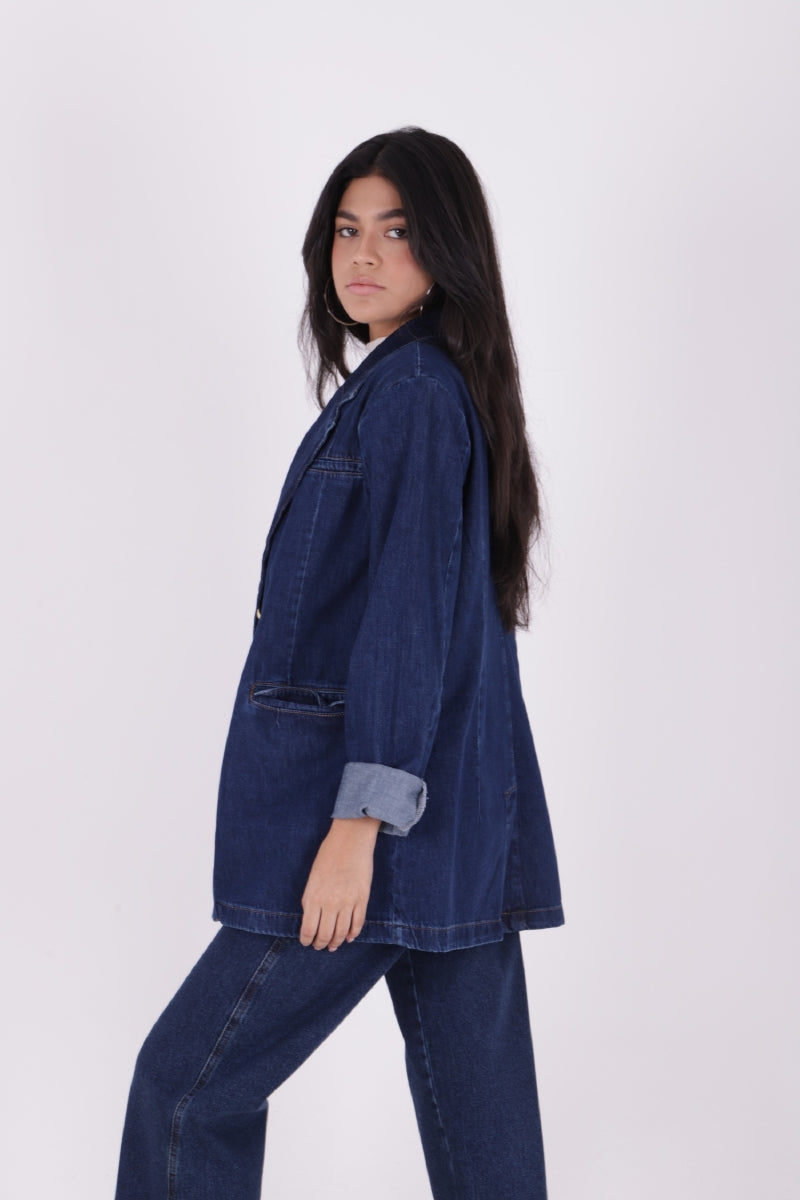 Düğmeli Klasik Blazer Ceket - Düz Koyu Rins - (S+L+4) - 5