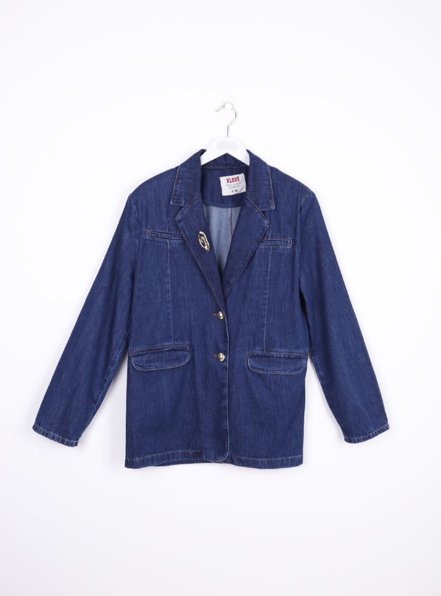Düğmeli Klasik Blazer Ceket - Düz Koyu Rins - (S+L+4) - 6