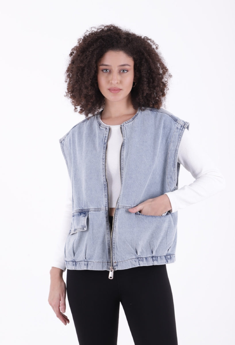 Fermuarlı Oversize Kot Yelek - Buz Mavisi ve Tintli - (S+L+4) - 3